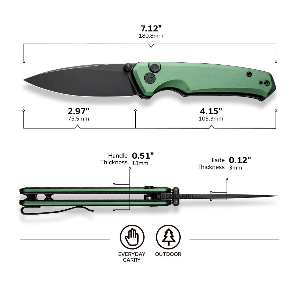 CIVIVI Altus Button Lock & Thumb Stud Knife Aluminum Handle (2.97" Nitro-V Blade) C20076-5 - Image 2