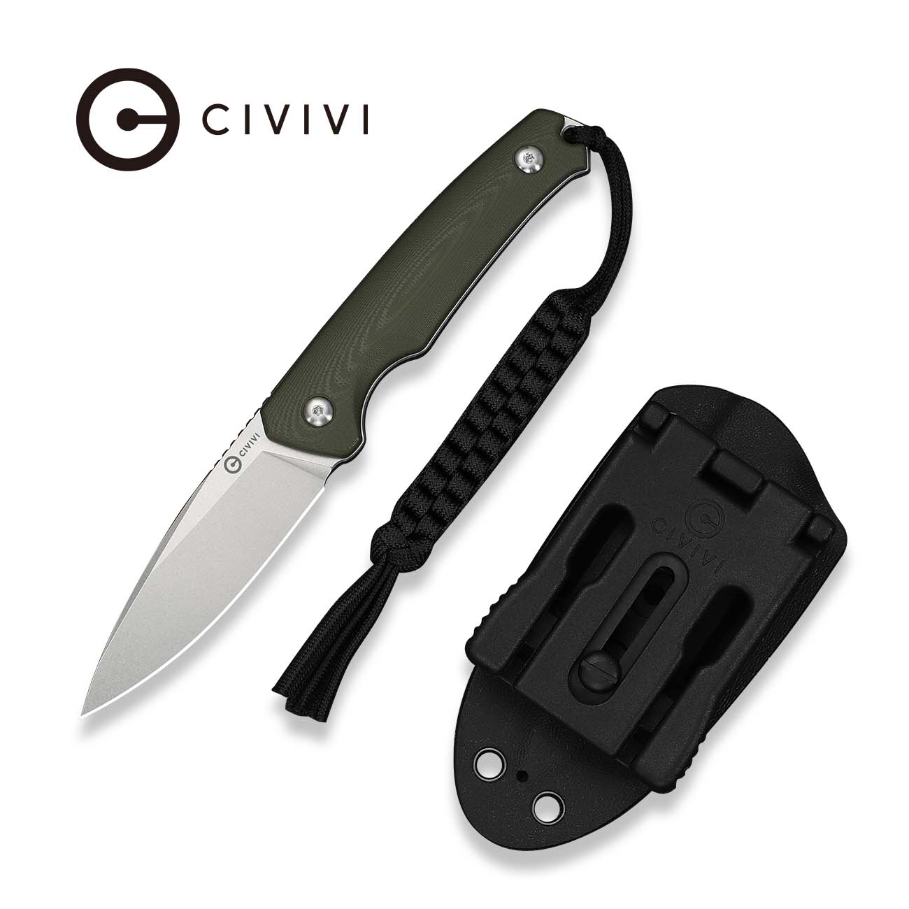 CIVIVI Altus Fixed Blade Knife OD Green G10 Handle (2.99" Stonewashed 14C28N Blade) C20076B-1, With 1PC Black Lanyard, Black Kydex Sheath & T-Clip