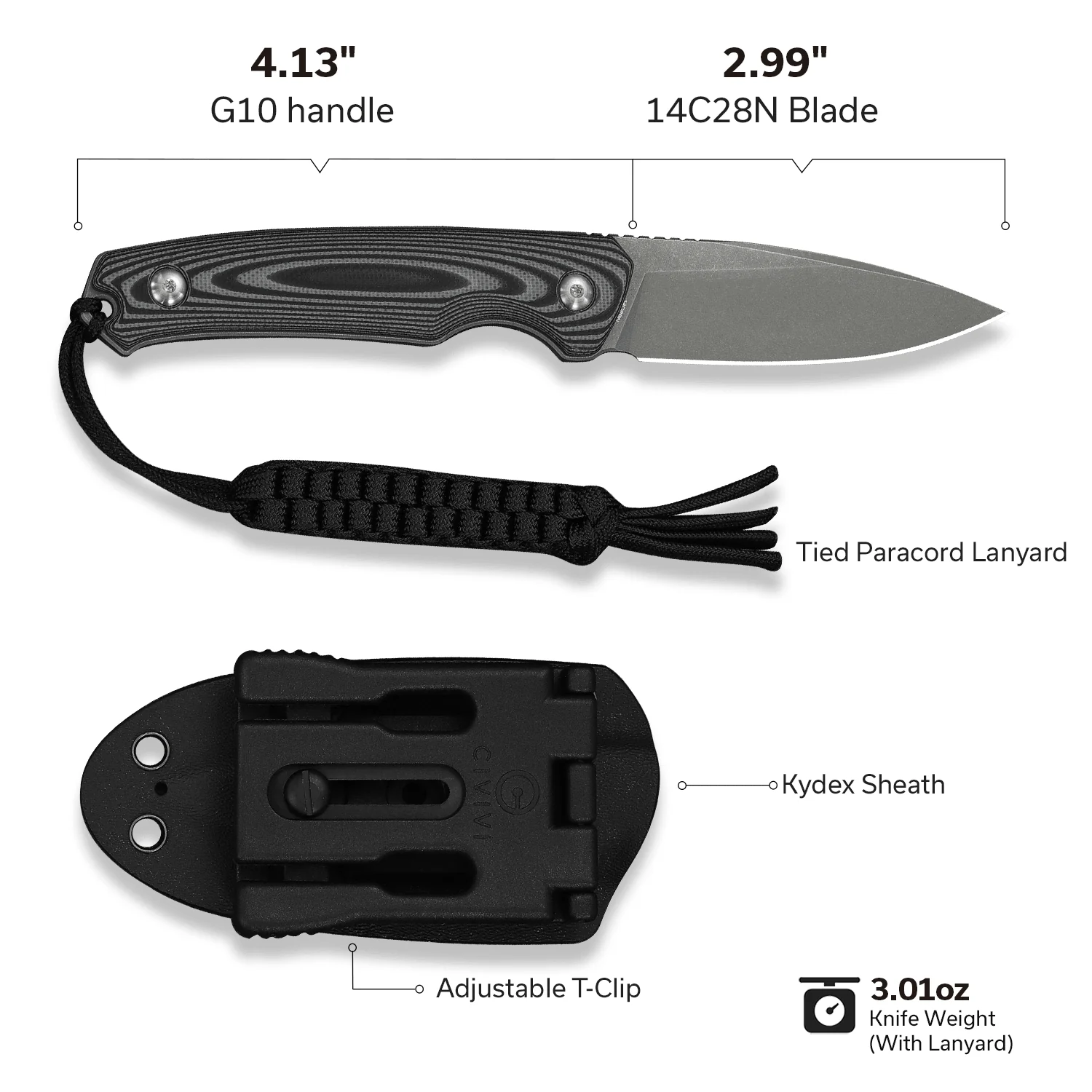 CIVIVI Altus Fixed Blade Knife OD Green G10 Handle (2.99" Stonewashed 14C28N Blade) C20076B-1, With 1PC Black Lanyard, Black Kydex Sheath & T-Clip - Image 6