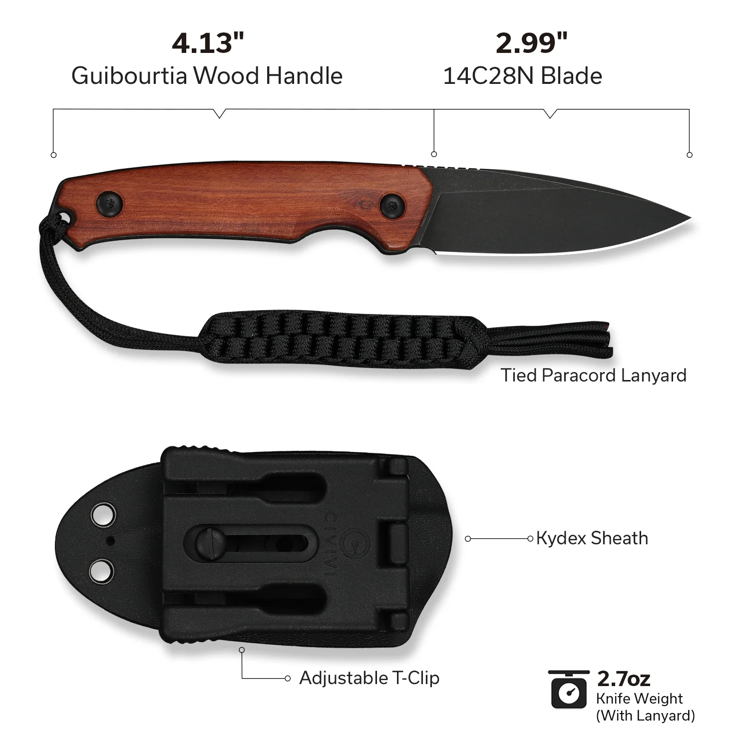 CIVIVI Altus Fixed Blade Knife Guibourtia Wood Handle (2.99" Black Stonewashed 14C28N Blade) C20076B-3, With 1PC Black Lanyard, Black Kydex Sheath & T-Clip - Image 6