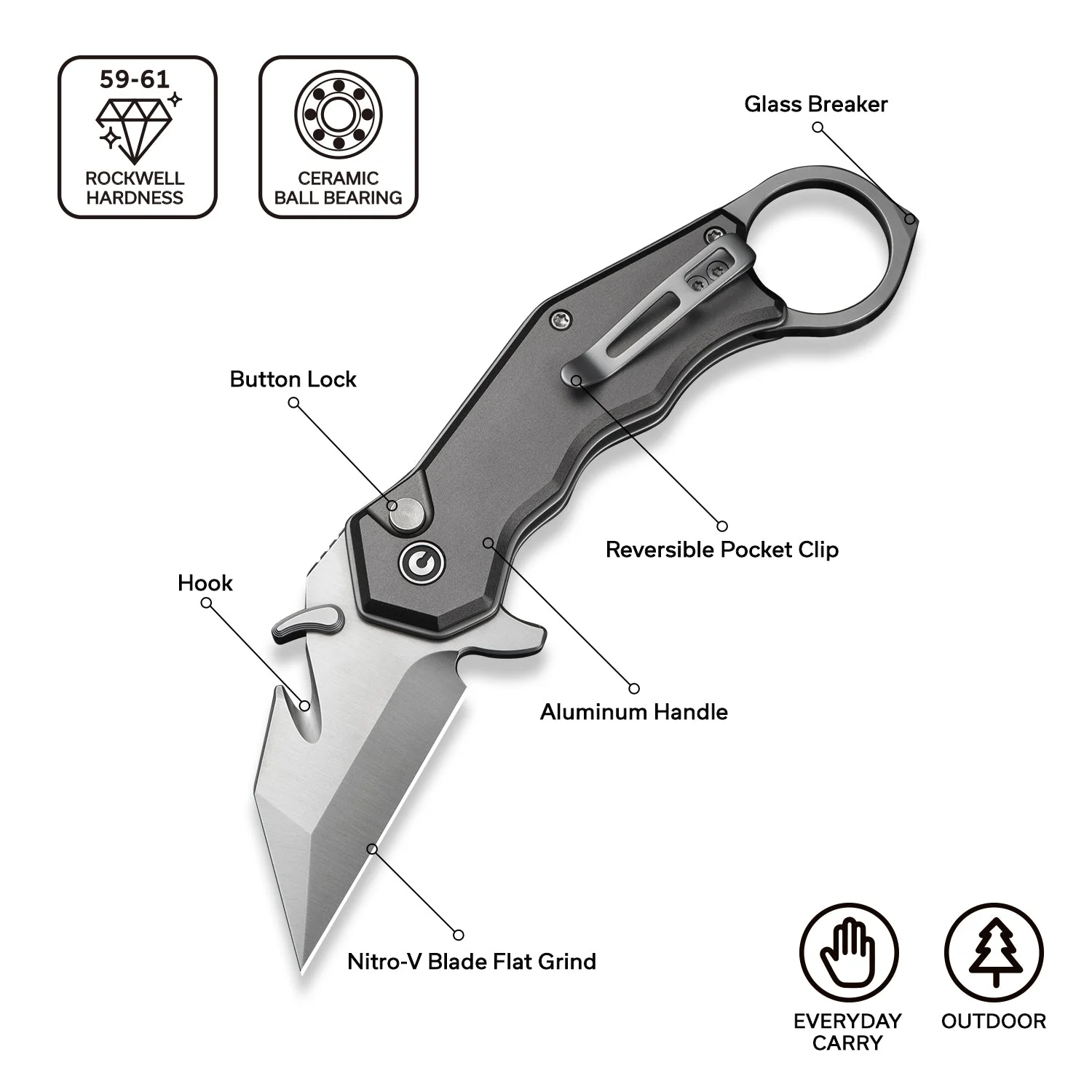 CIVIVI Amaroq Flipper & Thumb Stud & Button Lock Knife Gray Aluminum Handle (2.11" Satin Finished Nitro-V Blade) C24018-1 - Image 5
