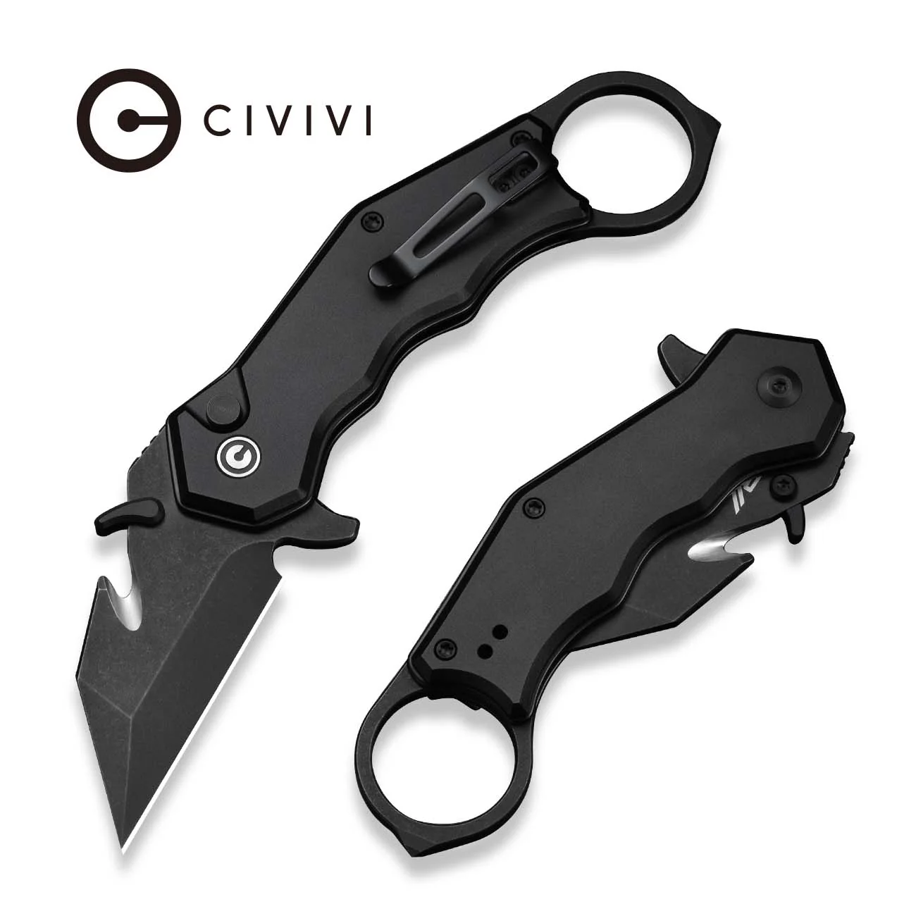 CIVIVI Amaroq Flipper & Thumb Stud & Button Lock Knife Black Aluminum Handle (2.11" Black Stonewashed Nitro-V Blade) C24018-2