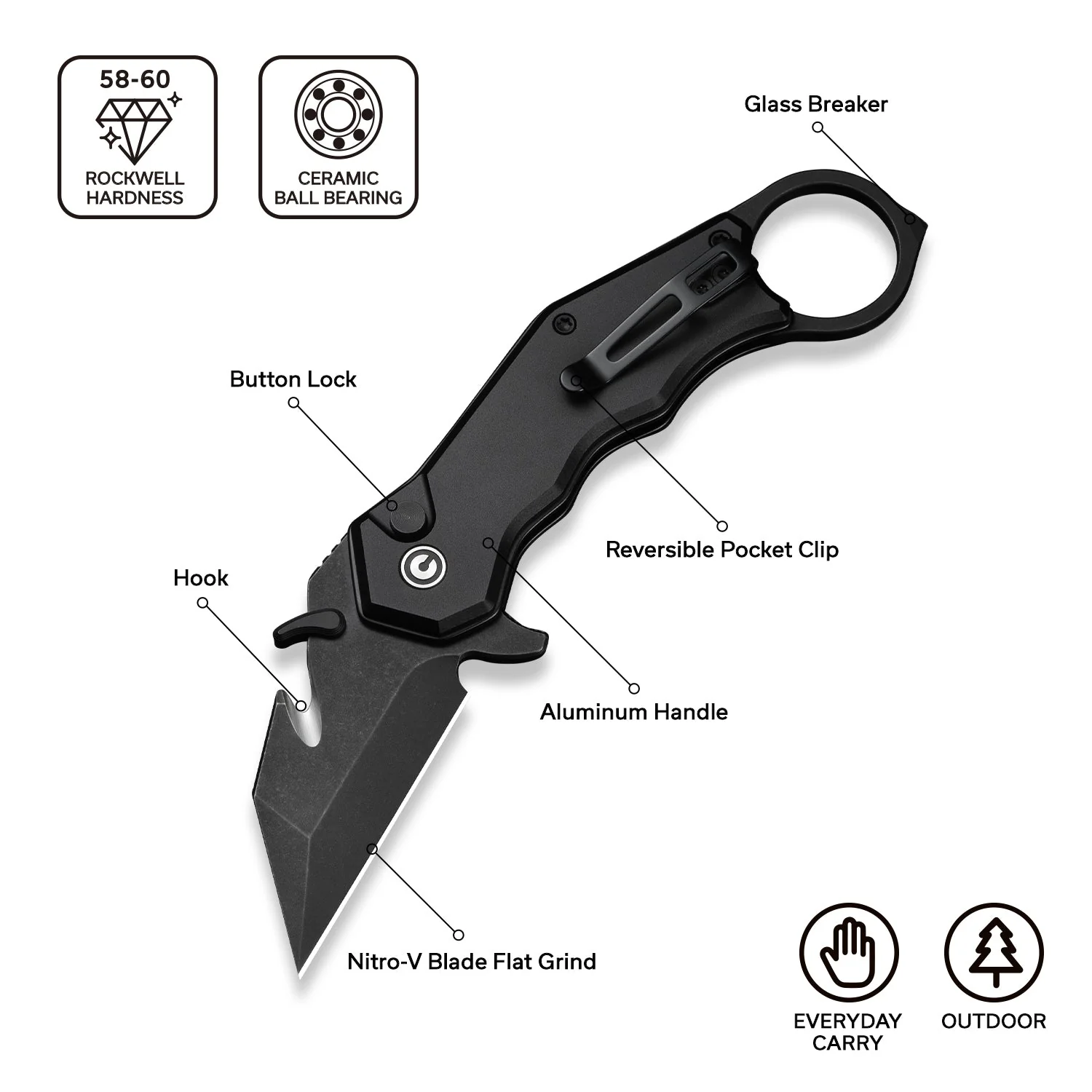 CIVIVI Amaroq Flipper & Thumb Stud & Button Lock Knife Black Aluminum Handle (2.11" Black Stonewashed Nitro-V Blade) C24018-2 - Image 5