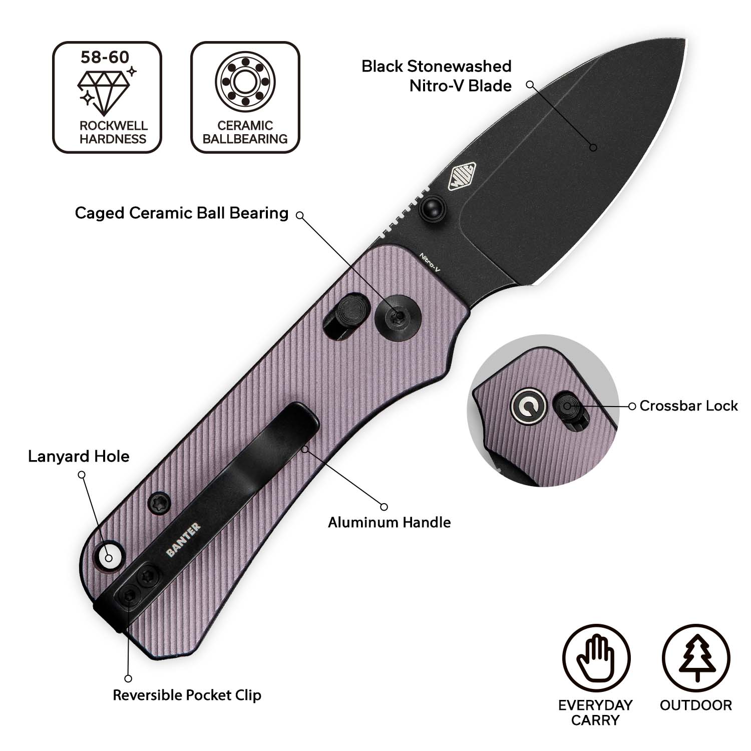 CIVIVI Baby Banter 2 Thumb Stud & Crossbar Lock Knife Aluminum Handle (2.34" Nitro-V Blade) C23074-2 - Image 6