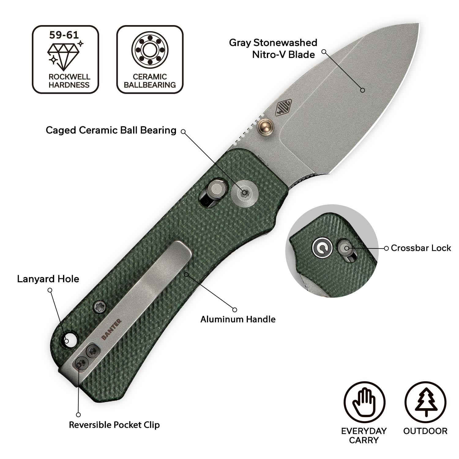 CIVIVI Baby Banter 2 Thumb Stud & Crossbar Lock Knife Micarta Handle (2.34" Nitro-V Blade) C23074-3 - Image 6