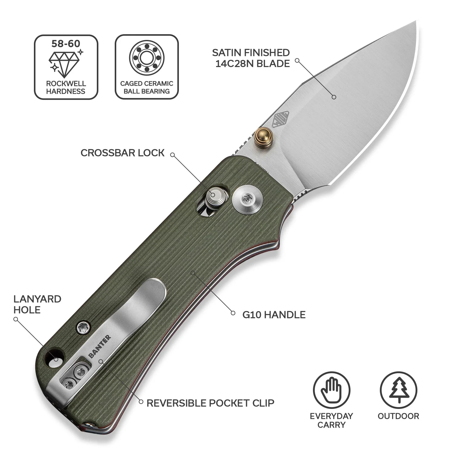CIVIVI Baby Banter 2 - TG Thumb Stud & Crossbar Lock Knife G10 Handle (2.34" 14C28N Blade) C24074-1 - Image 8