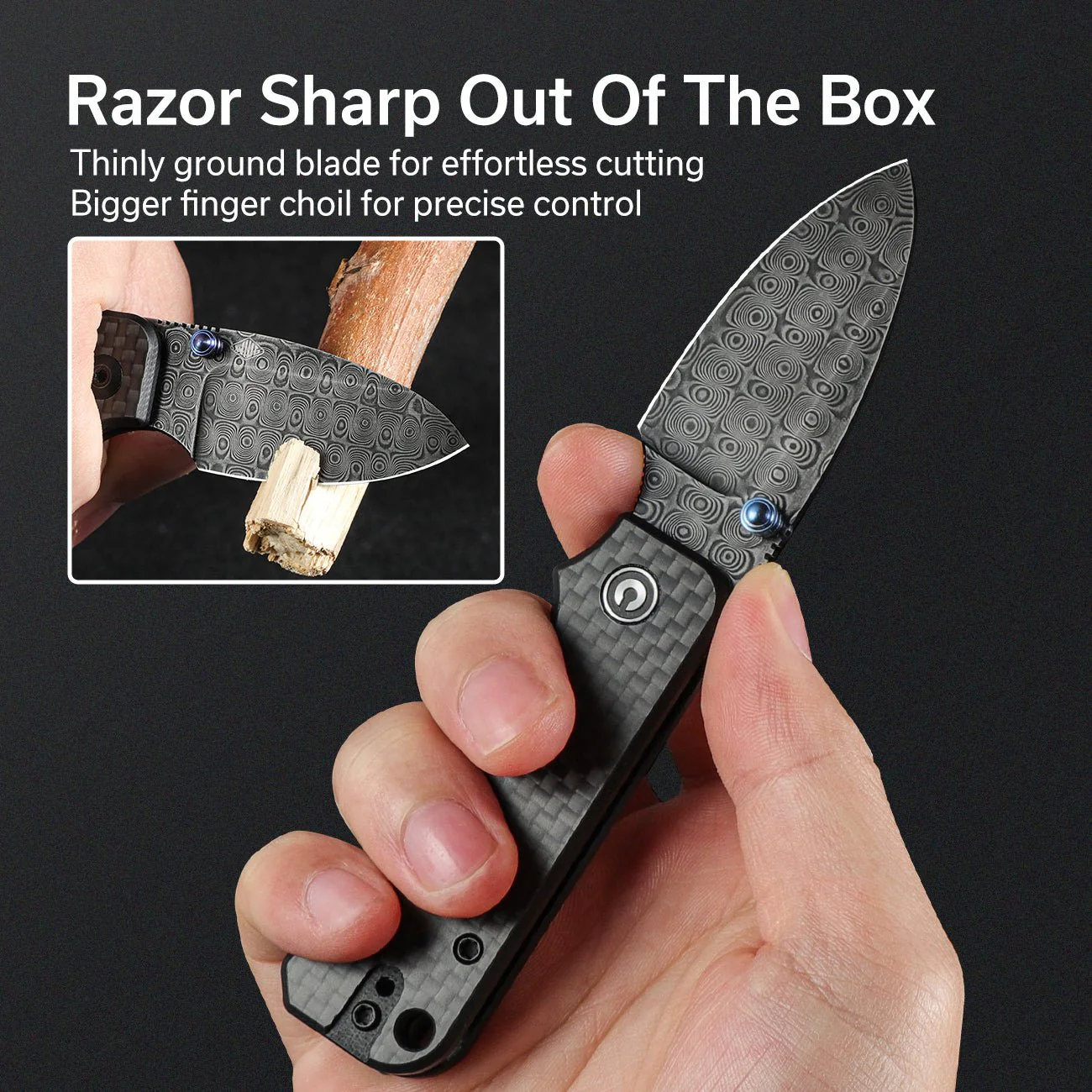 CIVIVI Baby Banter Thumb Stud Knife Carbon Fiber & G10 Handle (2.34" Damascus Blade) C19068S-DS1 - Image 3