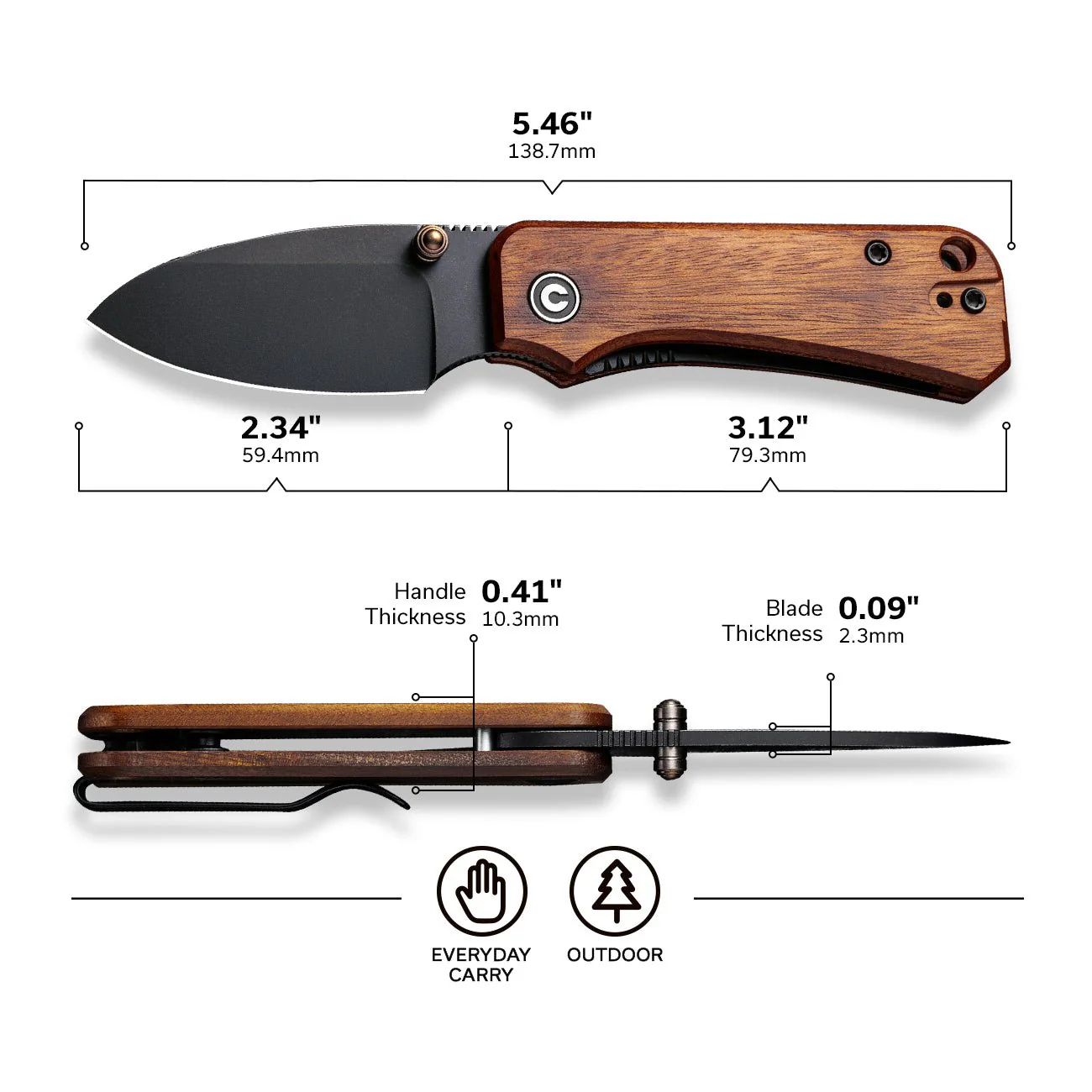 CIVIVI Baby Banter Thumb Stud Knife Wood Handle (2.34" Nitro-V Blade) C19068SB-2 - Image 2