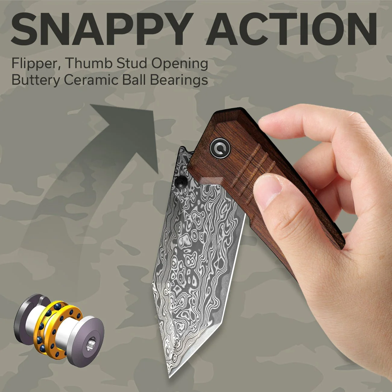 CIVIVI Bhaltair Flipper & Thumb Stud Knife Wood Handle (3.98" Damascus Blade) C23024-DS1 - Image 3