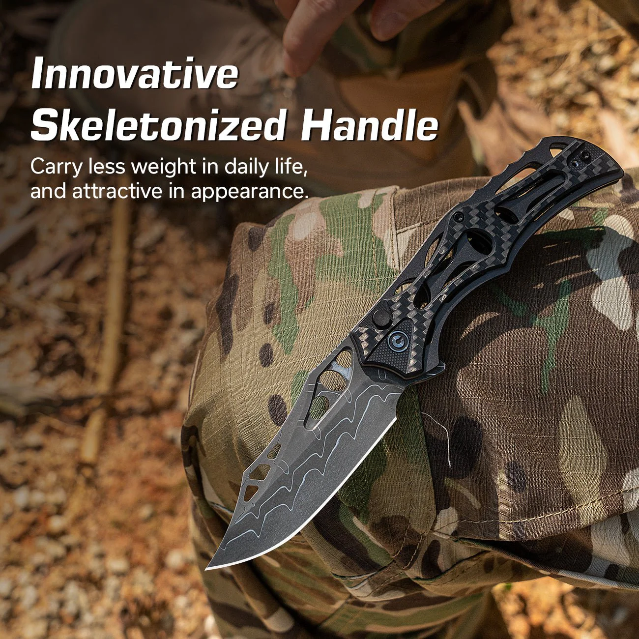 CIVIVI Biophase Flipper & Button Lock Knife Aluminum & Carbon Fiber & G10 Handle (3.48" Damascus Blade) C23083C-DS1 - Image 4