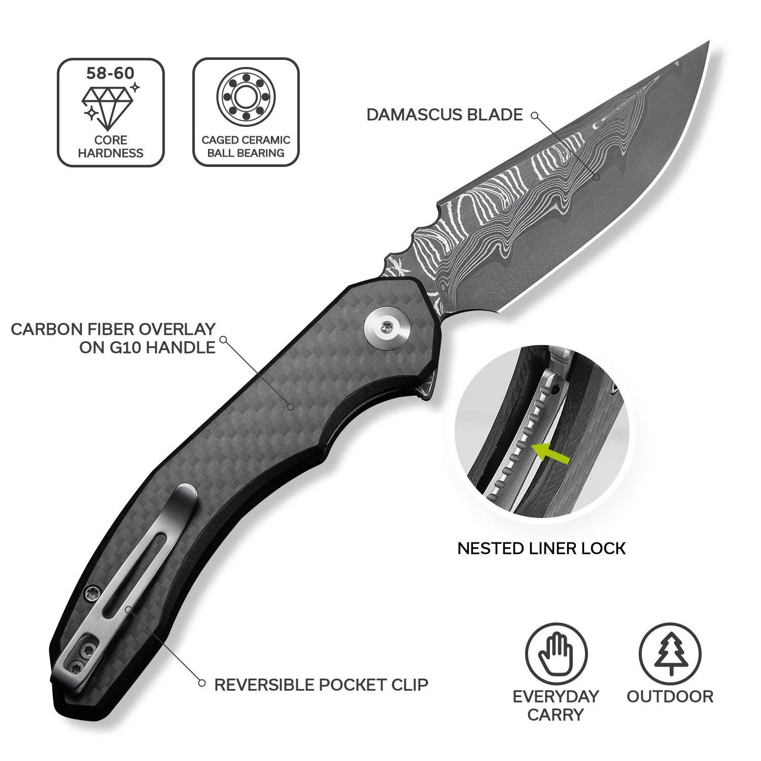 CIVIVI Bluetick Flipper Knife Carbon Fiber Overlay On Black G10 Handle (3.47" Damascus Blade) C23050-DS2 - Image 7