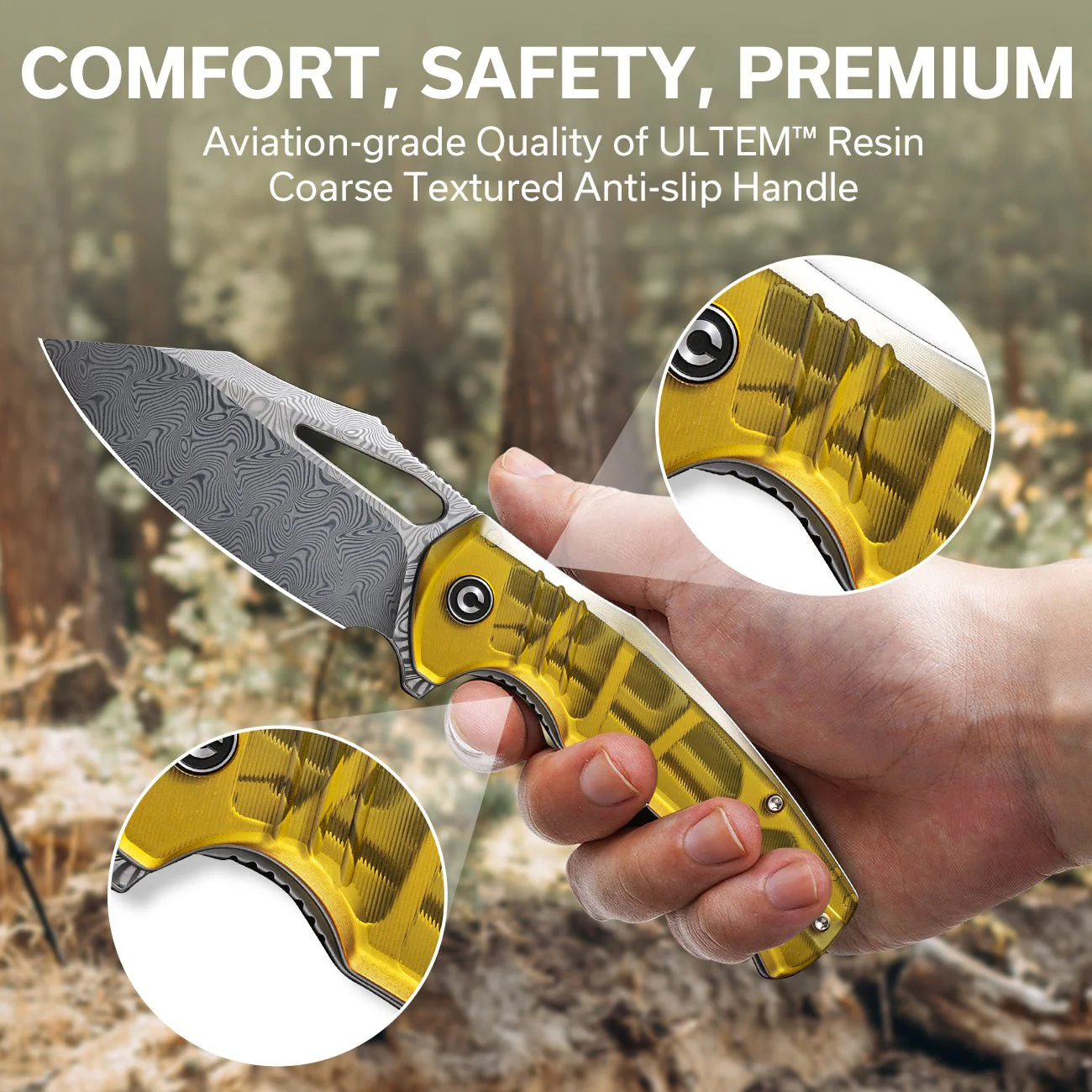 CIVIVI BullTusk Flipper & Thumb Hole Knife Ultem Handle (3.48" Damascus Blade) C23017-DS1 - Image 4