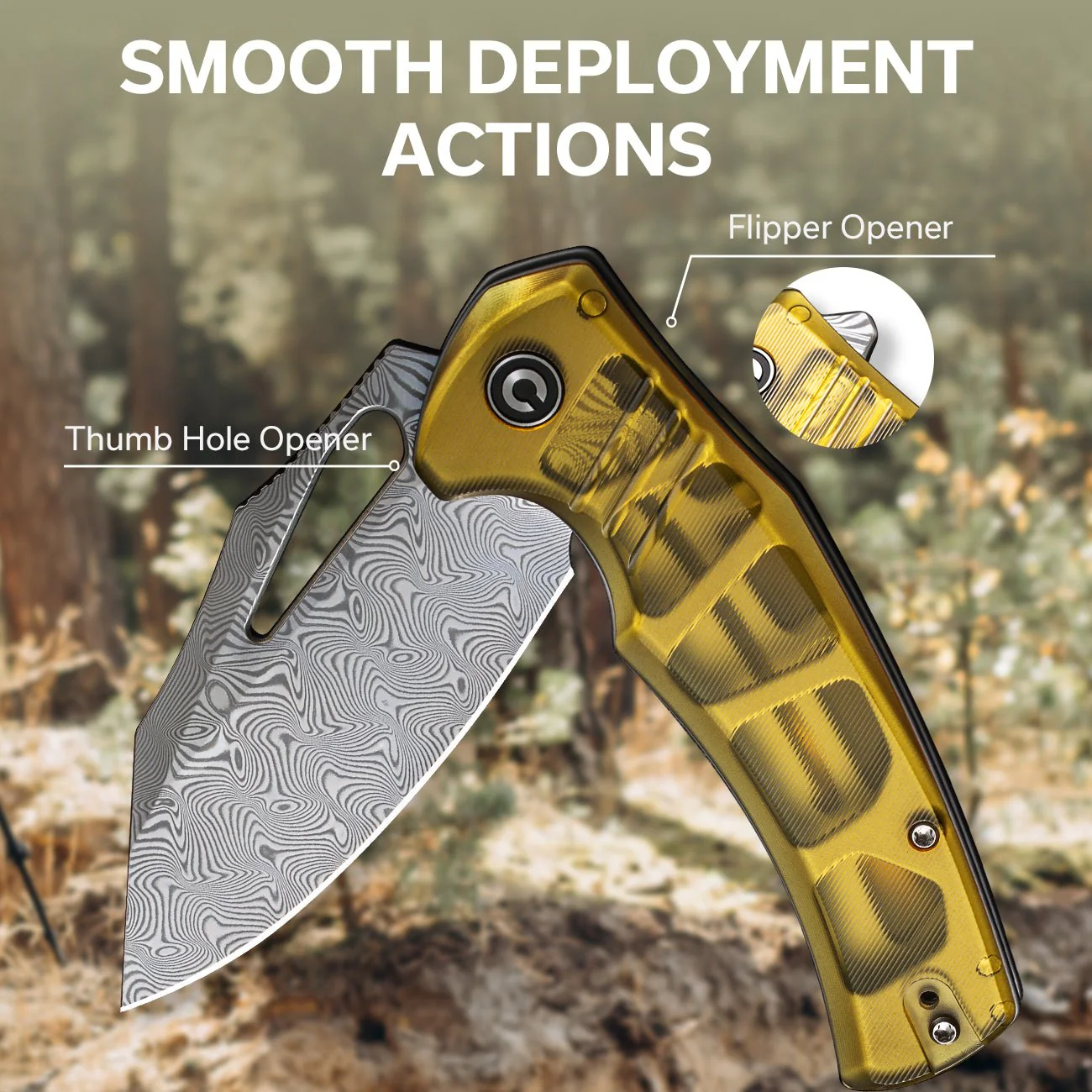 CIVIVI BullTusk Flipper & Thumb Hole Knife Ultem Handle (3.48" Damascus Blade) C23017-DS1 - Image 5