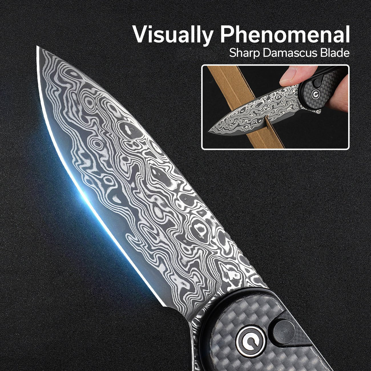 CIVIVI Button Lock Elementum II Flipper Knife Carbon Fiber / G10 Handle (2.96" Damascus Blade) C18062PB-DS1 - Image 3