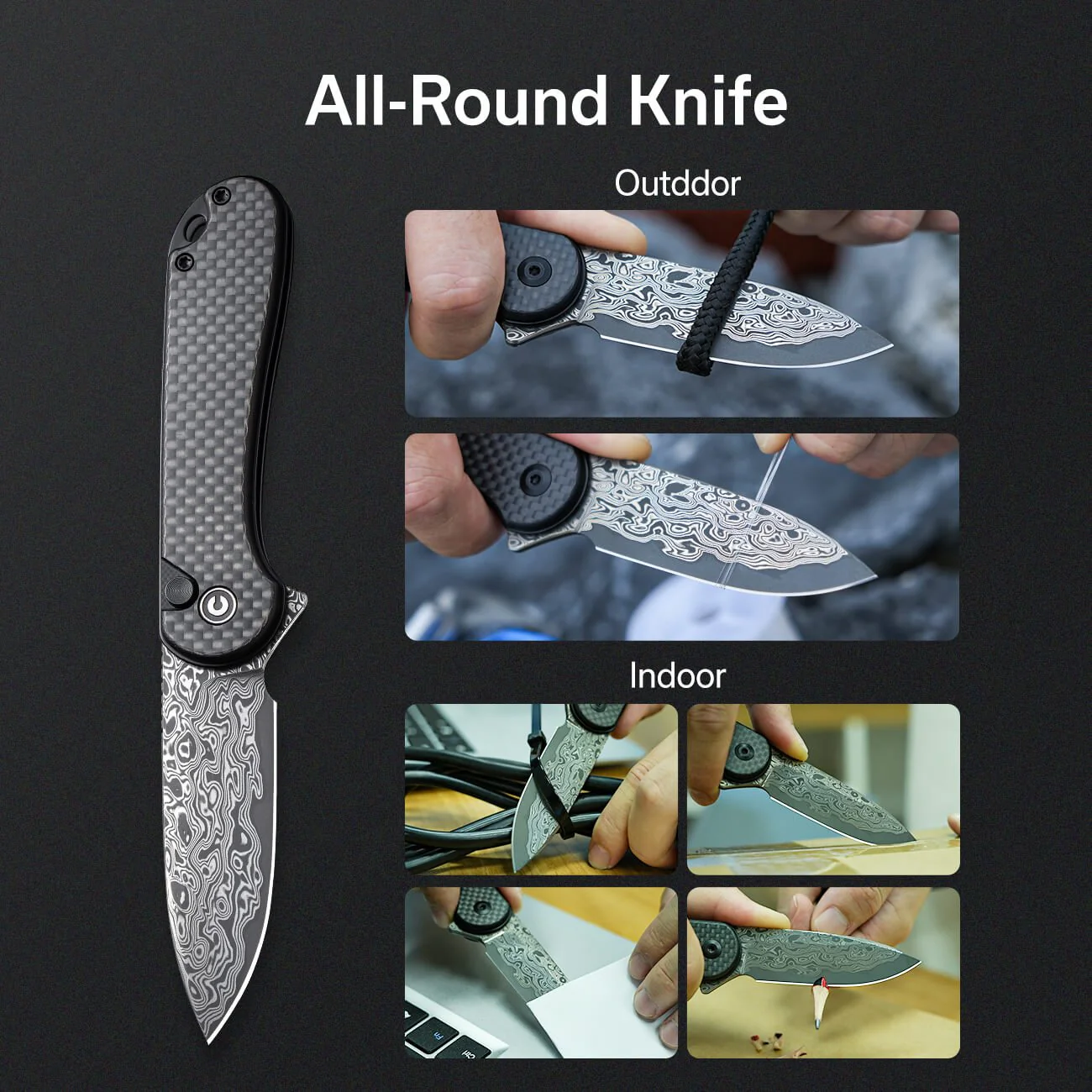 CIVIVI Button Lock Elementum II Flipper Knife Carbon Fiber / G10 Handle (2.96" Damascus Blade) C18062PB-DS1 - Image 4