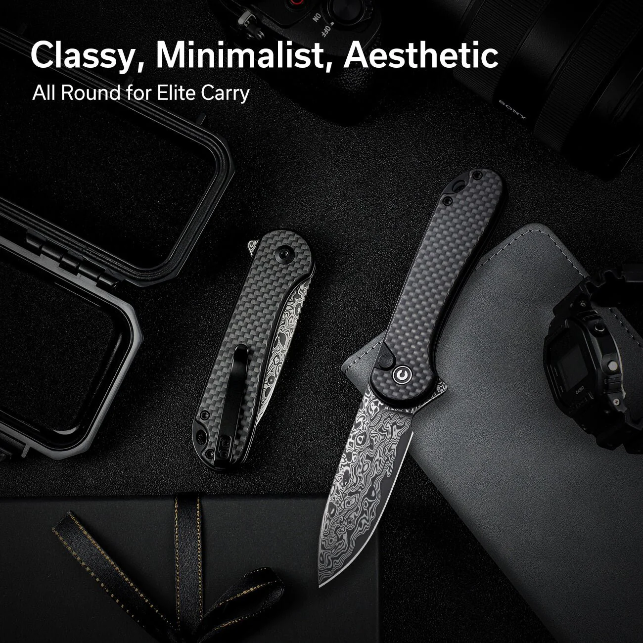 CIVIVI Button Lock Elementum II Flipper Knife Carbon Fiber / G10 Handle (2.96" Damascus Blade) C18062PB-DS1 - Image 7