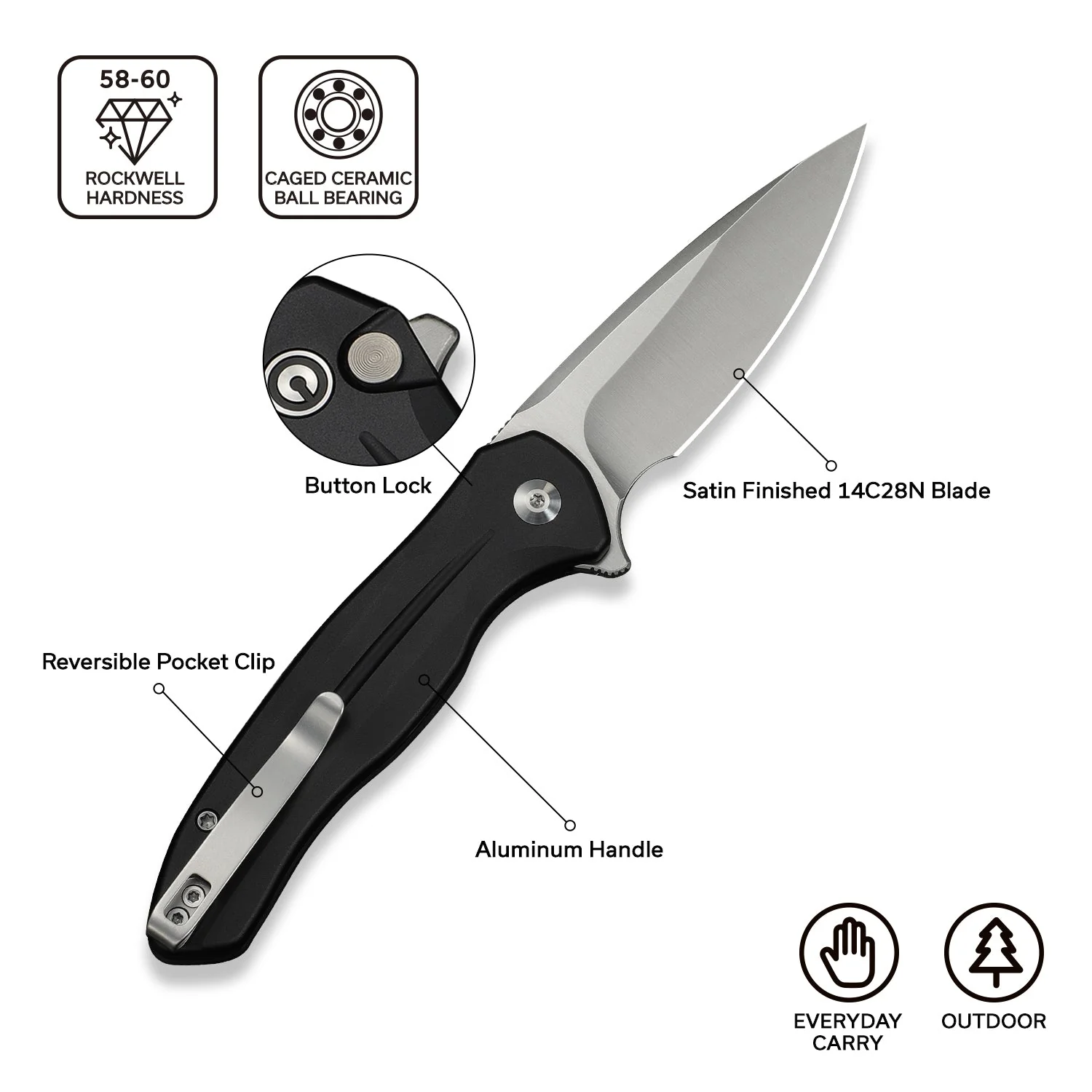 CIVIVI Button Lock Kitefin Flipper Knife Aluminum Handle (3.22" 14C28N Blade) C24091-1 - Image 5