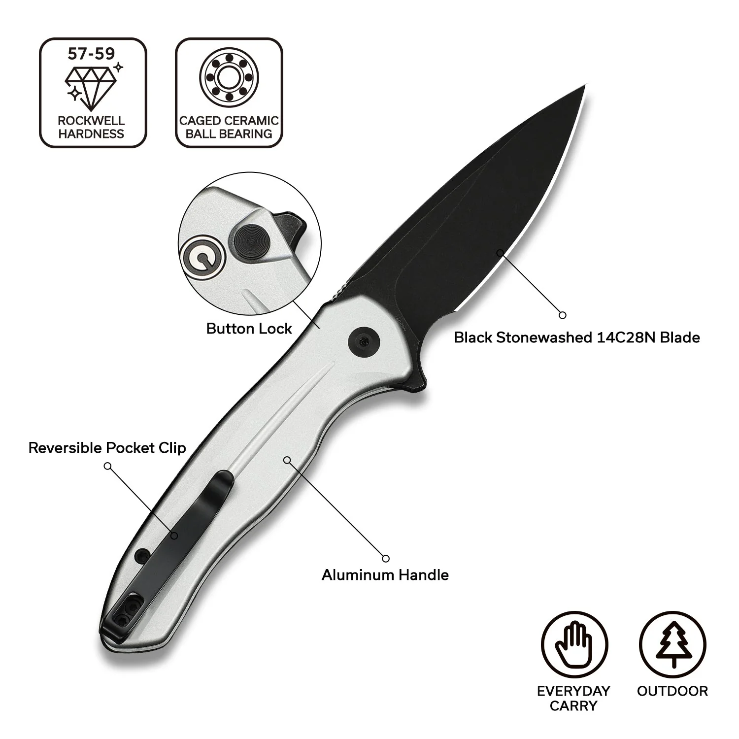 CIVIVI Button Lock Kitefin Flipper Knife Aluminum Handle (3.22" 14C28N Blade) C24091-2 - Image 5