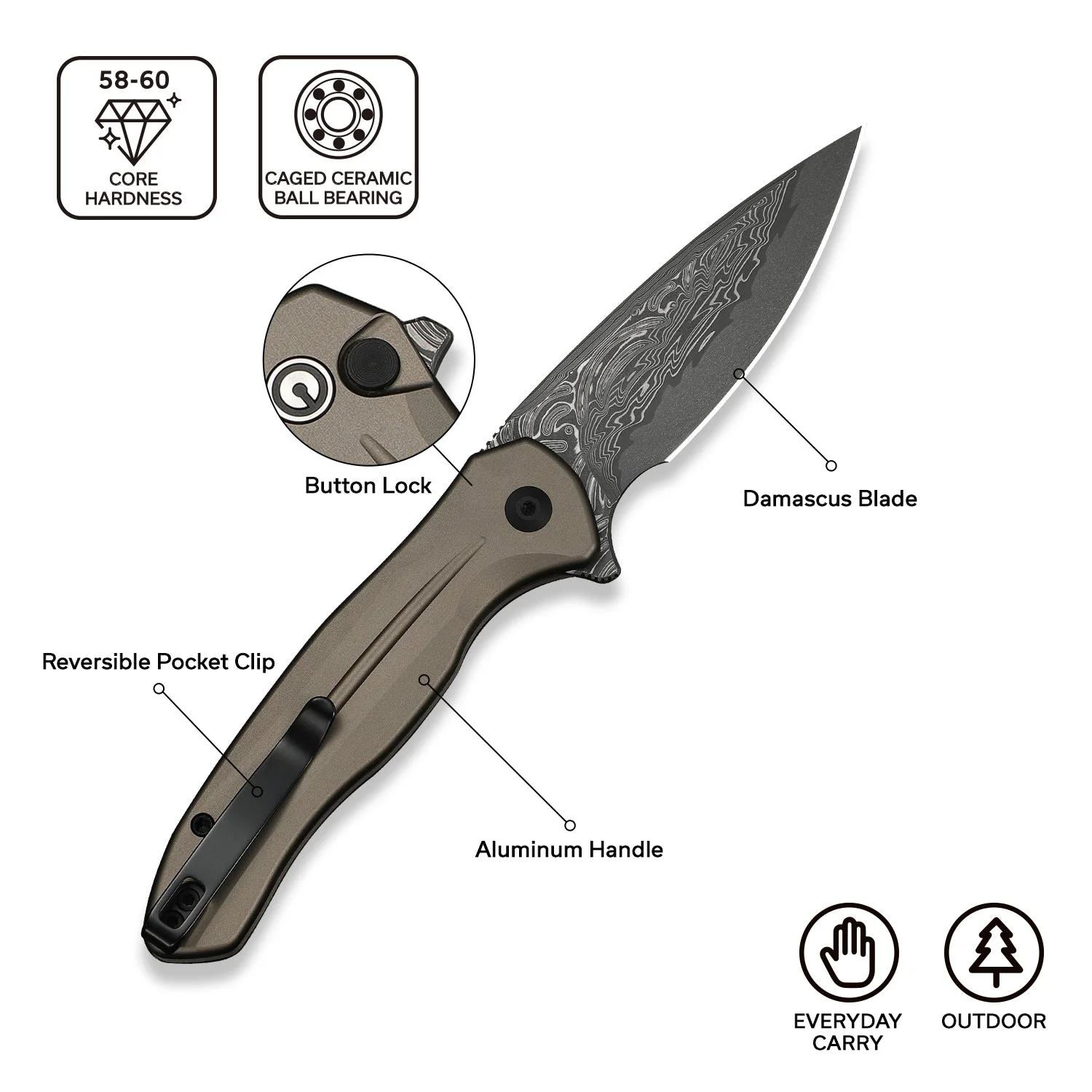 CIVIVI Button Lock Kitefin Flipper Knife Aluminum Handle (3.22" Damascus Blade) C24091-DS1 - Image 5