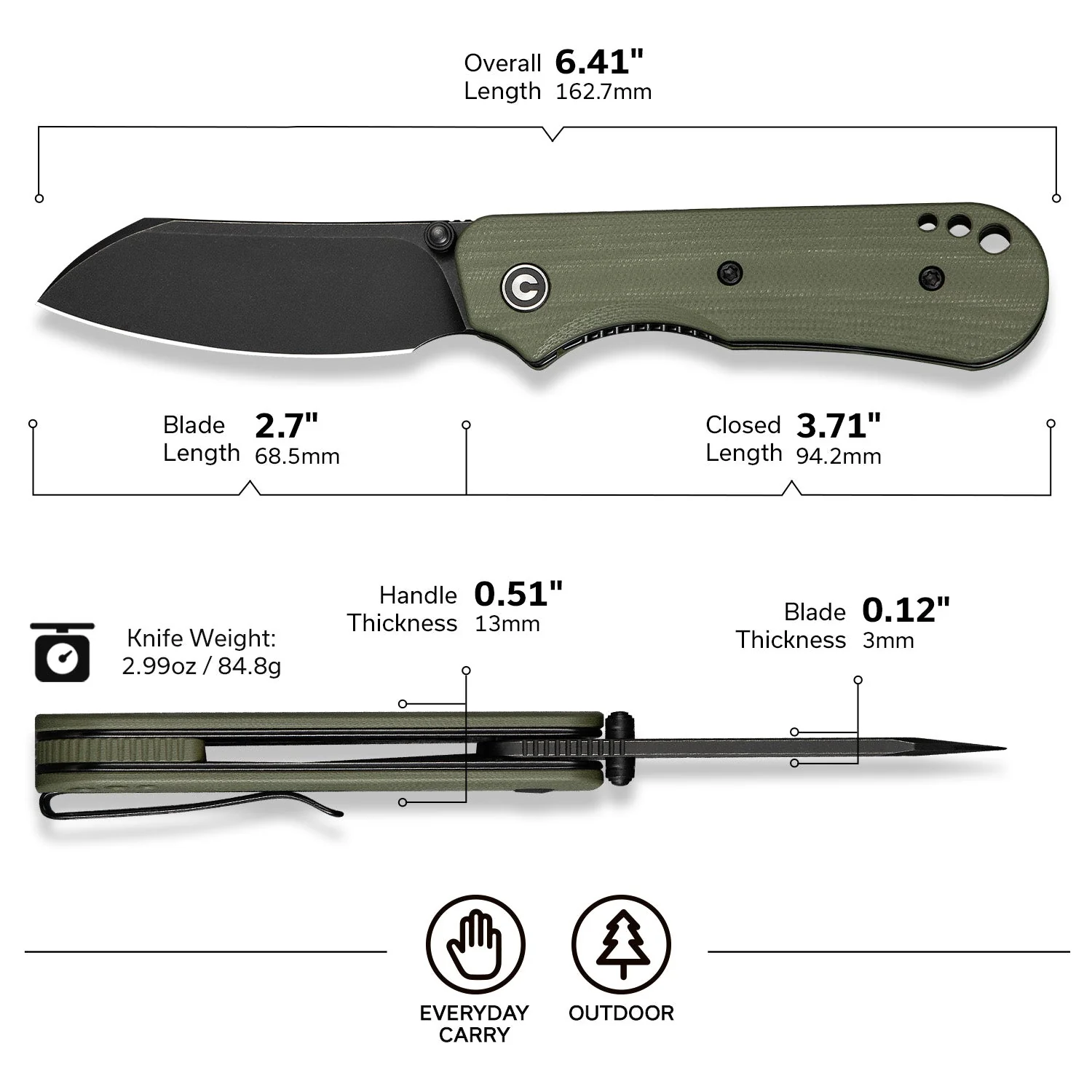 CIVIVI Crabby Thumb Stud Knife G10 Handle (2.7" 14C28N Blade) C24055-1 - Image 7