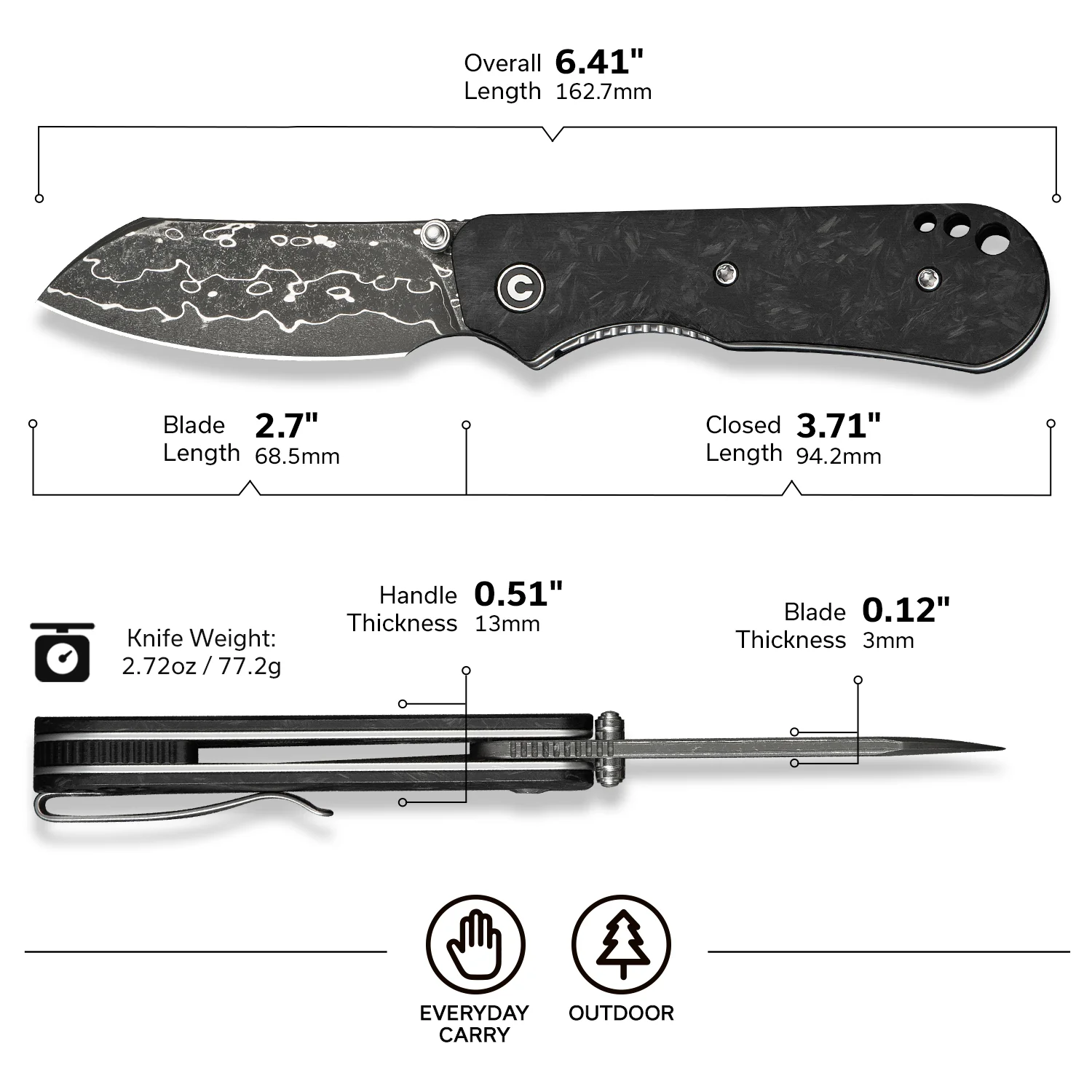 CIVIVI Crabby Thumb Stud Knife Carbon Fiber Handle (2.7" Damascus Blade) C24055-DS1 - Image 7