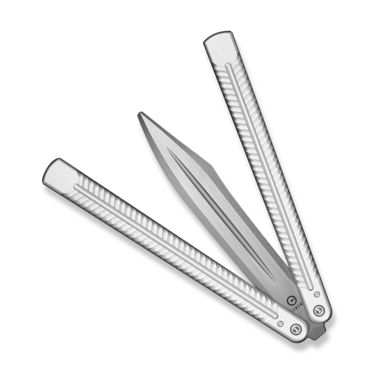 CIVIVI Dracolisk Butterfly Knife Trainer Silver Aluminum Handle (4.57" Stonewashed 9Cr18MoV Dull Blade, Satin Flat) C25028-4 - Image 5