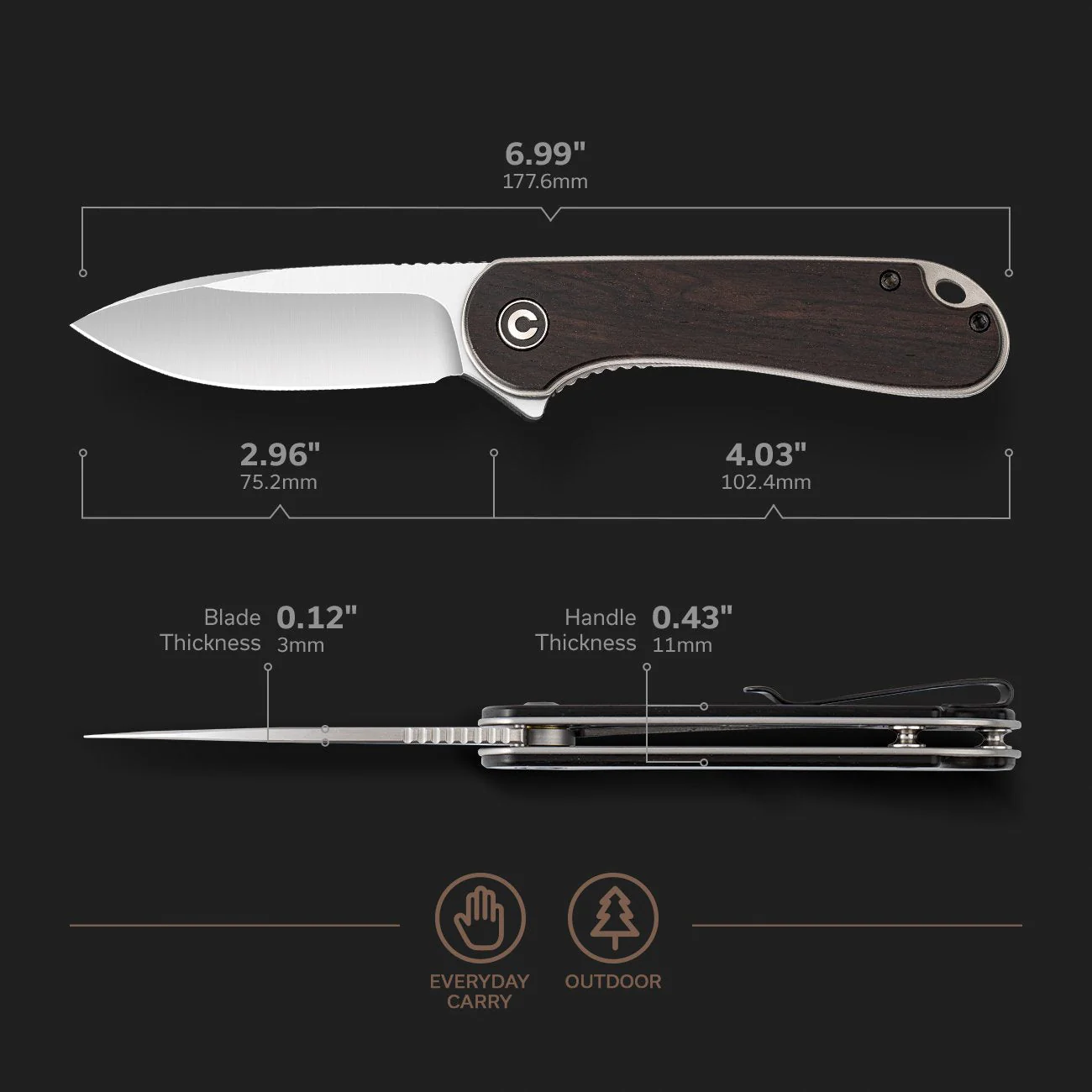 CIVIVI Elementum Flipper Knife Wood Handle (2.96" D2 Blade) C907D - Image 3