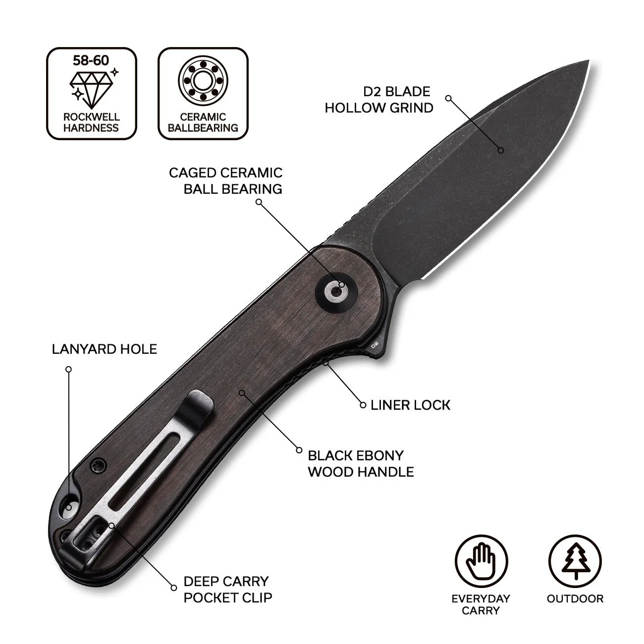 CIVIVI Elementum Flipper Knife Wood Handle (2.96" D2 Blade) C907W - Image 2