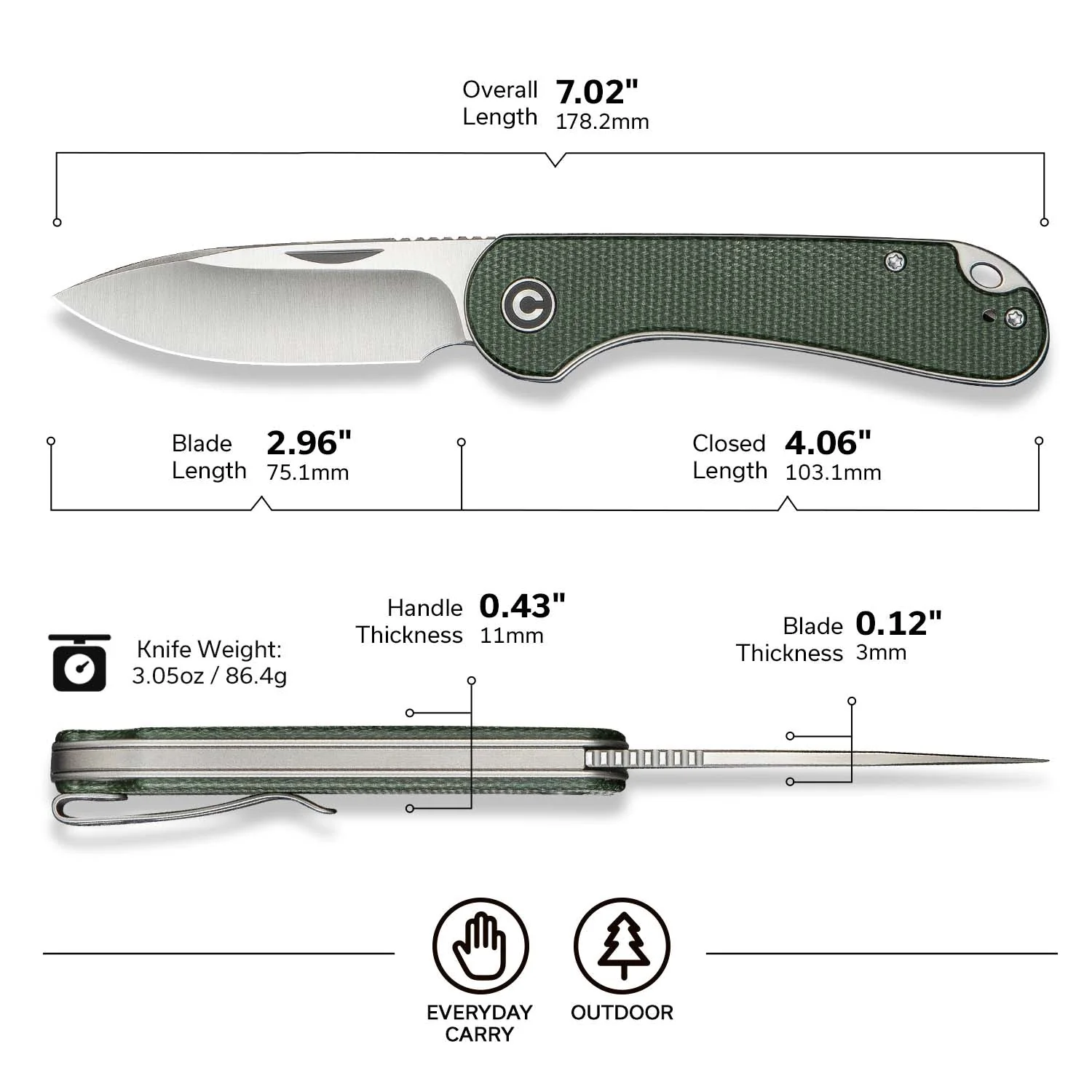 CIVIVI Elementum Slip Joint Knife Micarta Handle (2.96" 14C28N Blade) C18062AJ-2 - Image 6