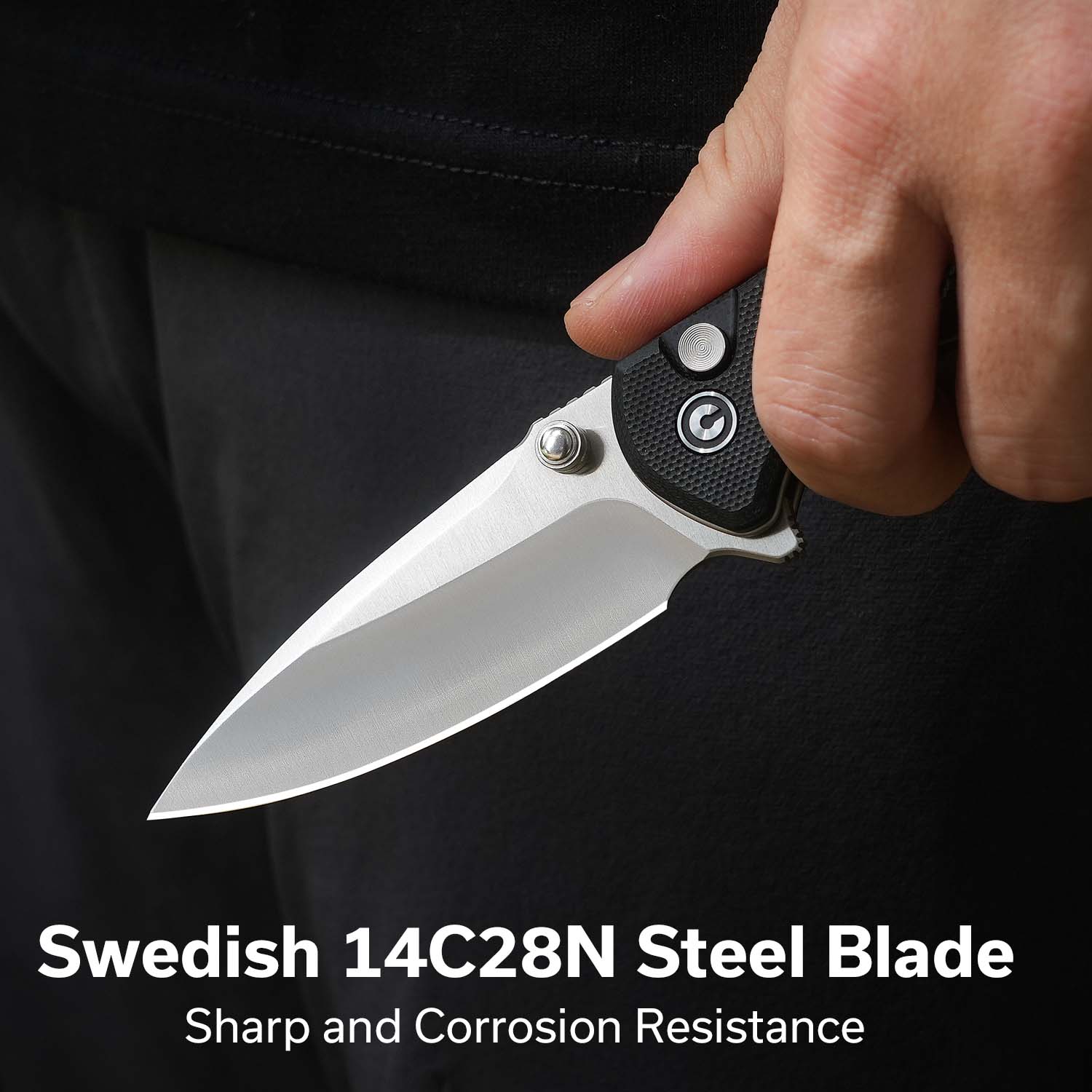 CIVIVI Faeger Flipper & Thumb Stud & Button Lock Knife Milled Black G10 Handle (2.98" Satin Finished 14C28N Blade) C24031-1 - Image 2