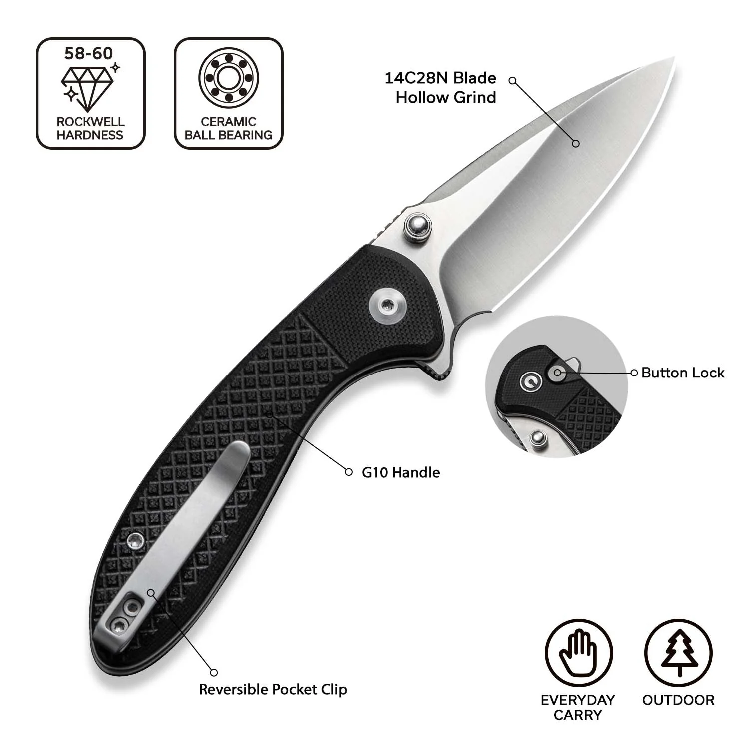 CIVIVI Faeger Flipper & Thumb Stud & Button Lock Knife Milled Black G10 Handle (2.98" Satin Finished 14C28N Blade) C24031-1 - Image 6
