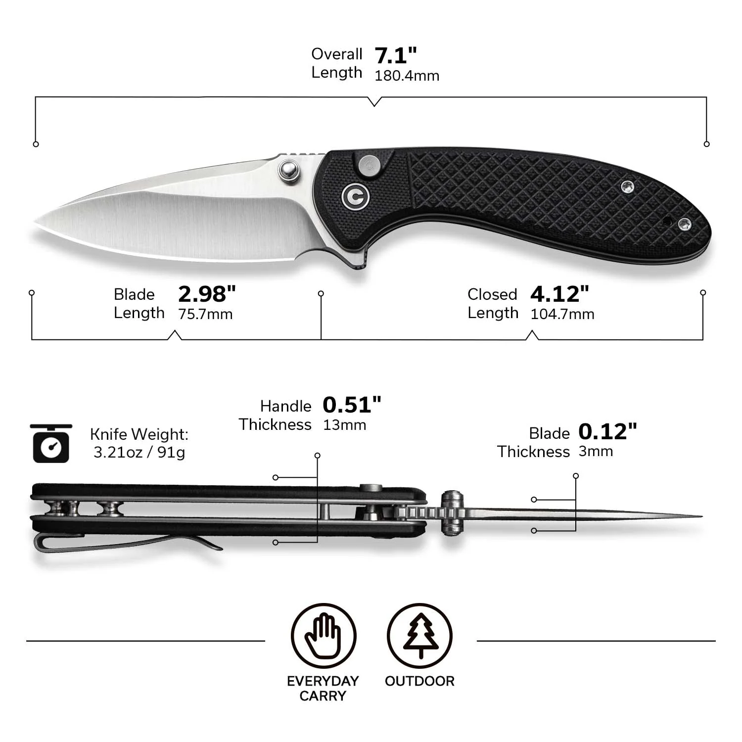 CIVIVI Faeger Flipper & Thumb Stud & Button Lock Knife Milled Black G10 Handle (2.98" Satin Finished 14C28N Blade) C24031-1 - Image 7