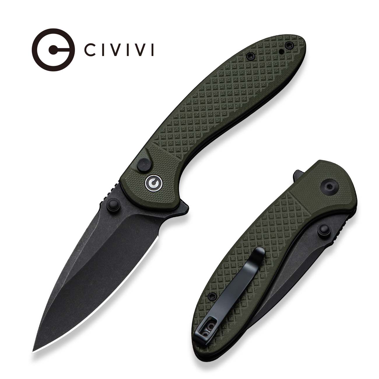 CIVIVI Faeger Flipper & Thumb Stud & Button Lock Knife Milled OD Green G10 Handle (2.98" Black Stonewashed 14C28N Blade) C24031-2