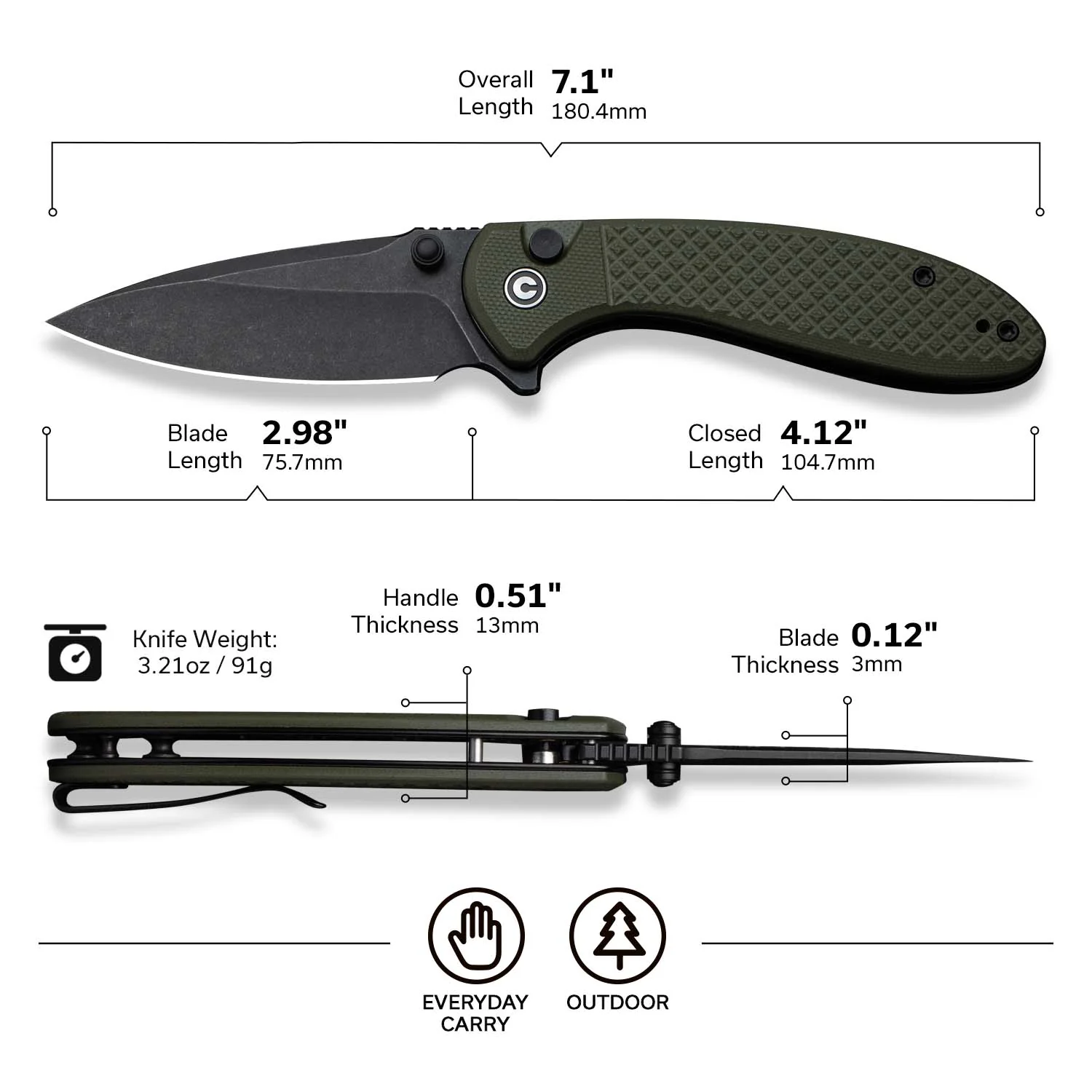 CIVIVI Faeger Flipper & Thumb Stud & Button Lock Knife Milled OD Green G10 Handle (2.98" Black Stonewashed 14C28N Blade) C24031-2 - Image 7