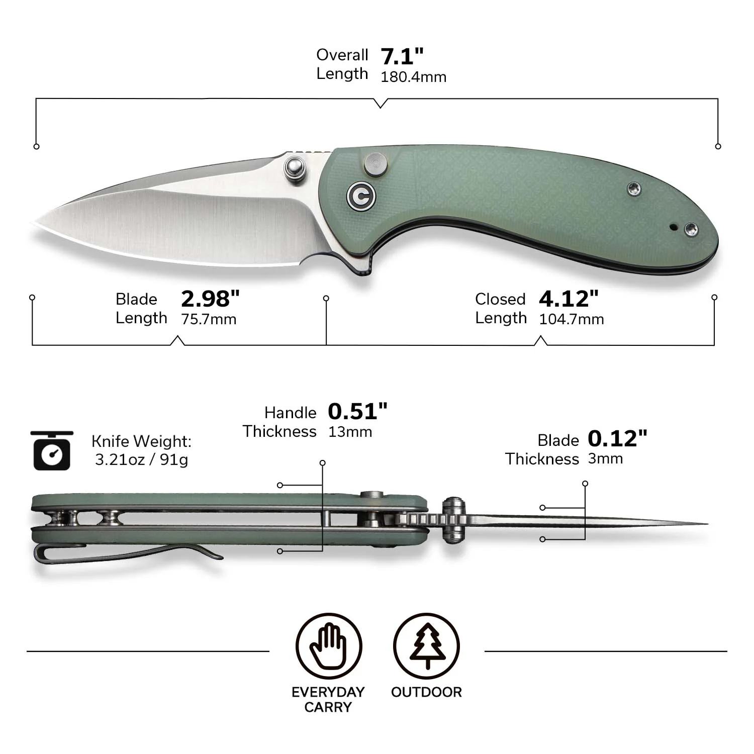 CIVIVI Faeger Flipper & Thumb Stud & Button Lock Knife Milled Natural G10 Handle (2.98" Satin Finished 14C28N Blade) C24031-3 - Image 7