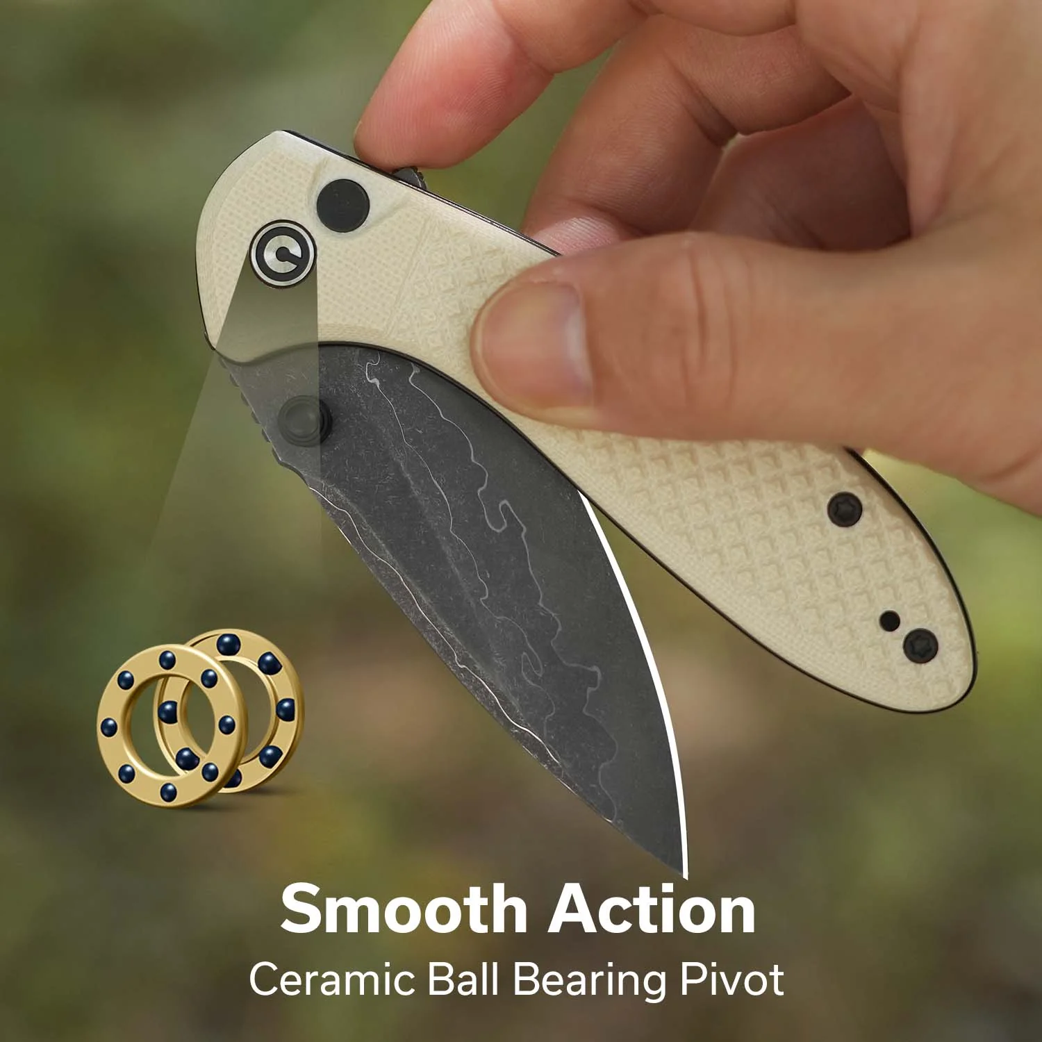 CIVIVI Faeger Flipper & Thumb Stud & Button Lock Knife Milled Ivory G10 Handle (2.98" Damascus Blade) C24031-DS1 - Image 3