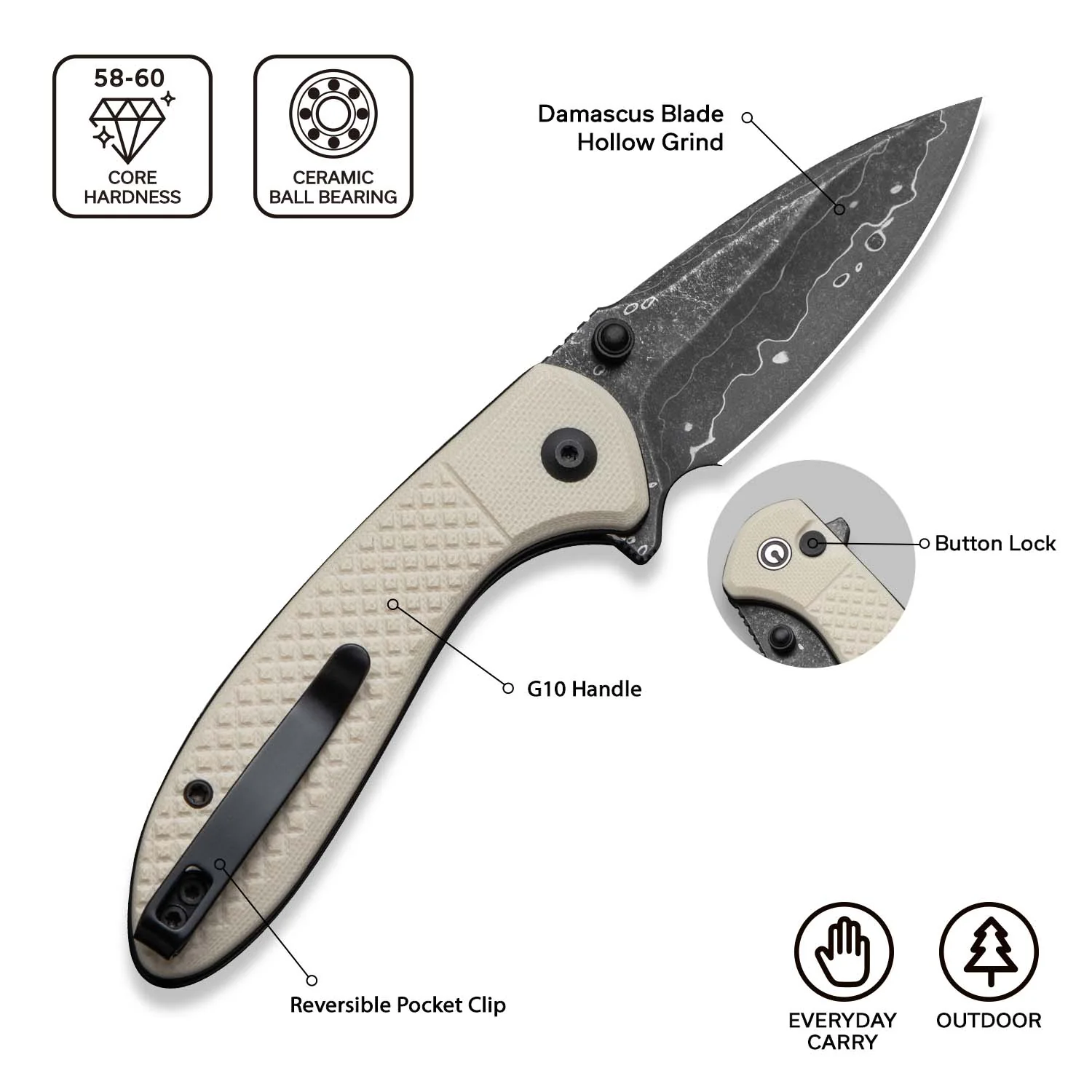 CIVIVI Faeger Flipper & Thumb Stud & Button Lock Knife Milled Ivory G10 Handle (2.98" Damascus Blade) C24031-DS1 - Image 6