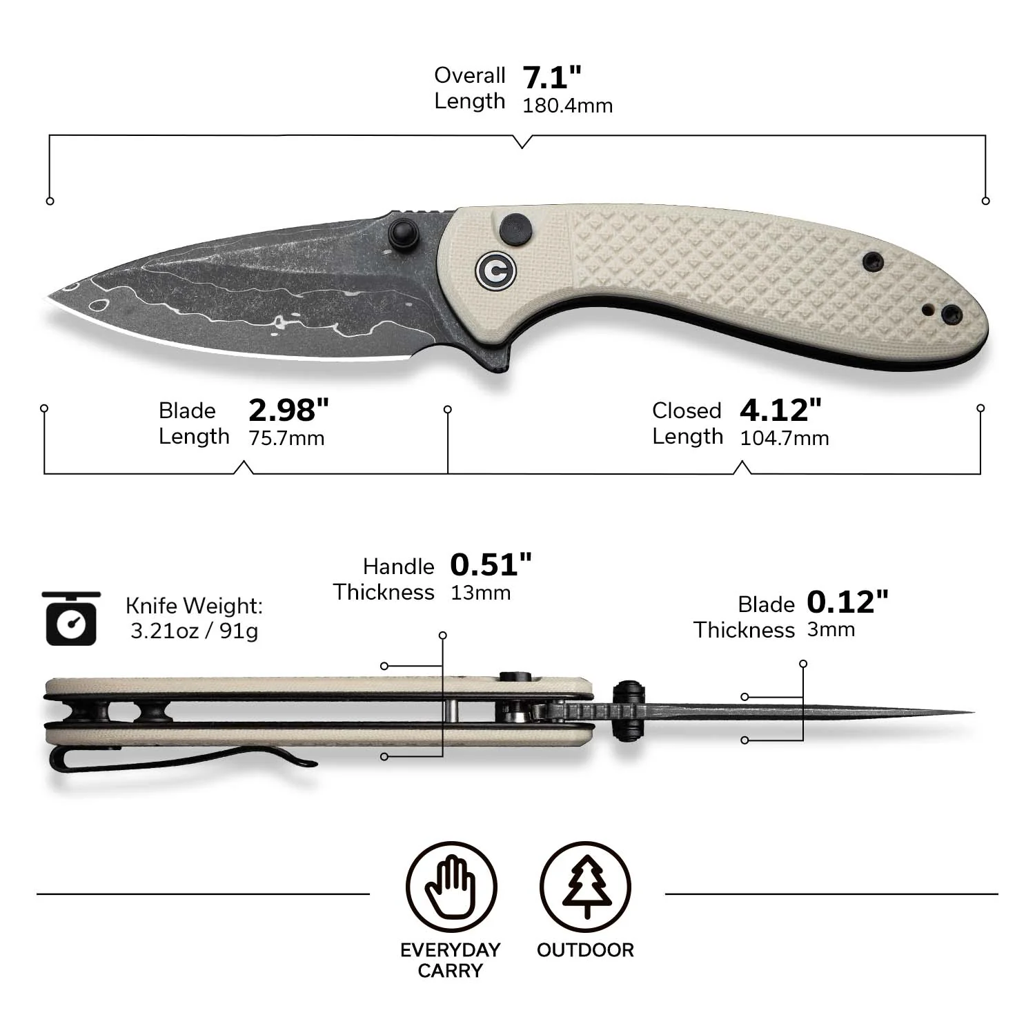 CIVIVI Faeger Flipper & Thumb Stud & Button Lock Knife Milled Ivory G10 Handle (2.98" Damascus Blade) C24031-DS1 - Image 7