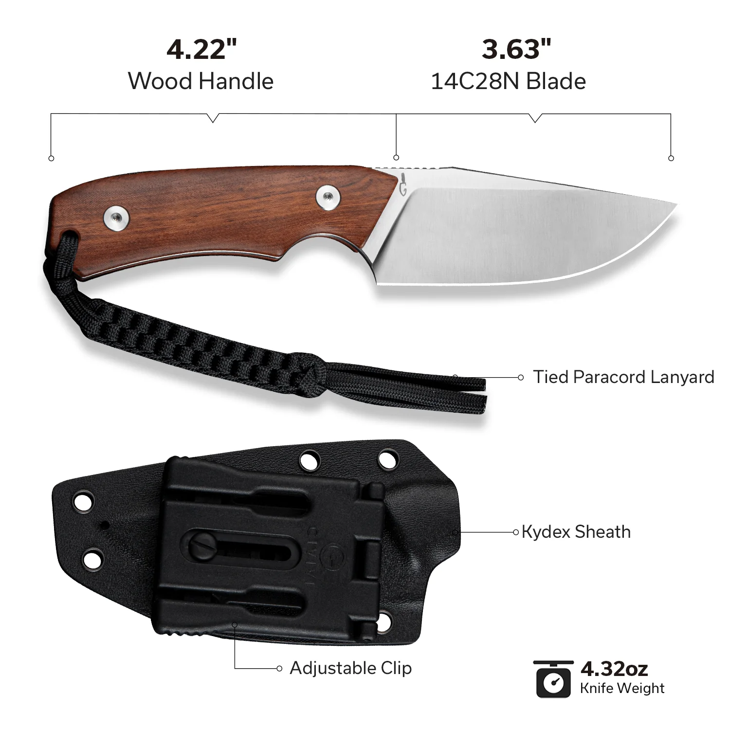 CIVIVI Gander Fixed Blade Knife Wood Handle (3.63" 14C28N Blade) C24058B-3 - Image 5