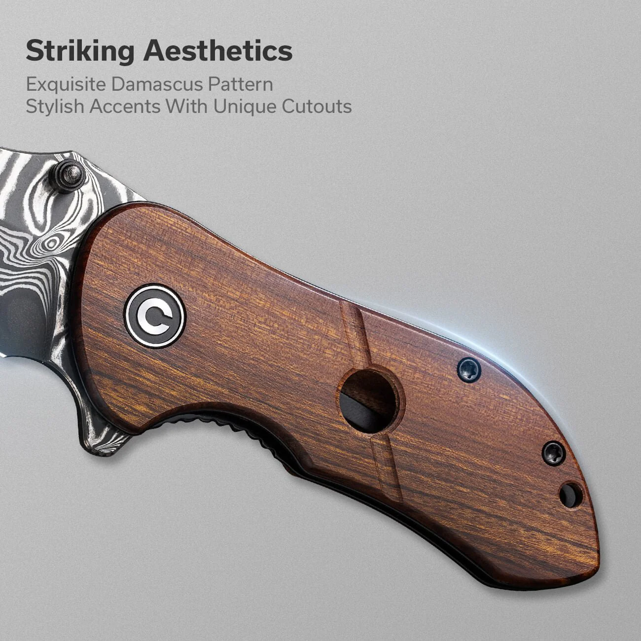 CIVIVI Gordo Flipper & Thumb Stud Knife Wood Handle (2.51" Damascus Blade) C22018C-DS1 - Image 3