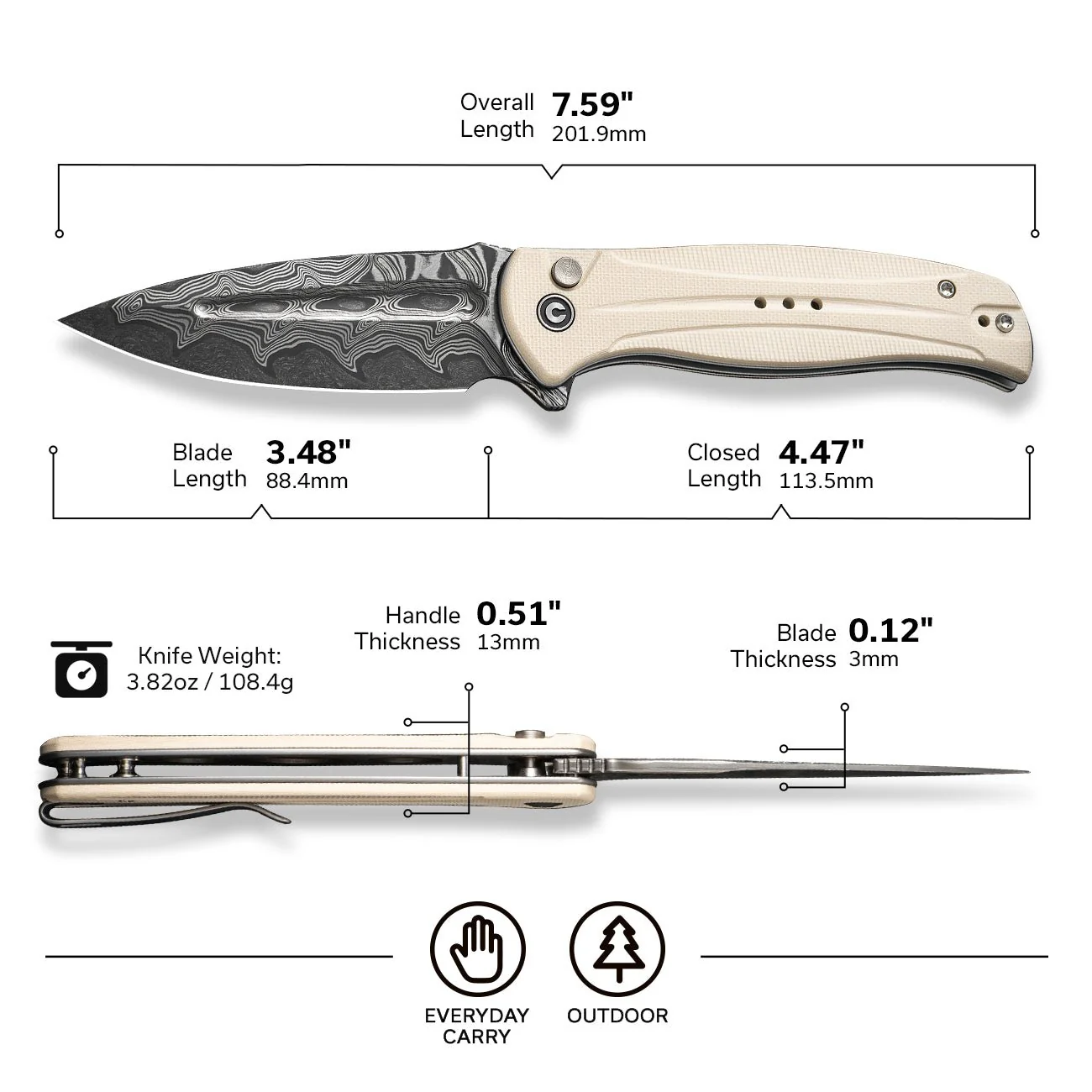 CIVIVI Incindie Flipper & Button Lock Knife G10 Handle (3.48" Damascus Blade) C23053-DS1 - Image 6