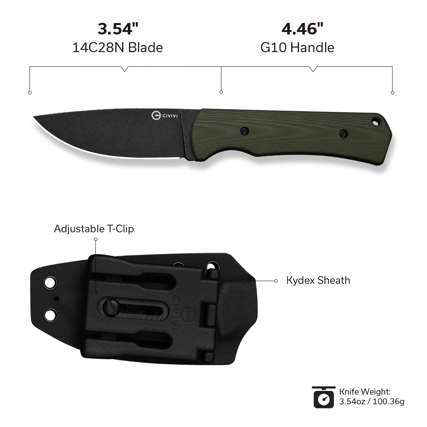 CIVIVI Jencks Fixed Blade Knife OD Green G10 Handle (3.54" Black Stonewashed 14C28N Blade) C24051-2, With 1PC Black Lanyard, Black Kydex Sheath & T-Clip - Image 7