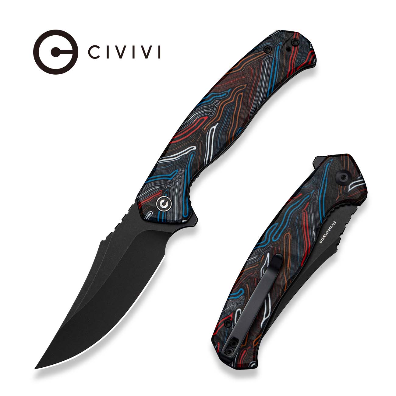 CIVIVI Kilovolt Flipper Knife Black/White/ Red/Blue/Orange G10 Handle (3.49" Black Stonewashed 14C28N Blade) C24080 Sample1