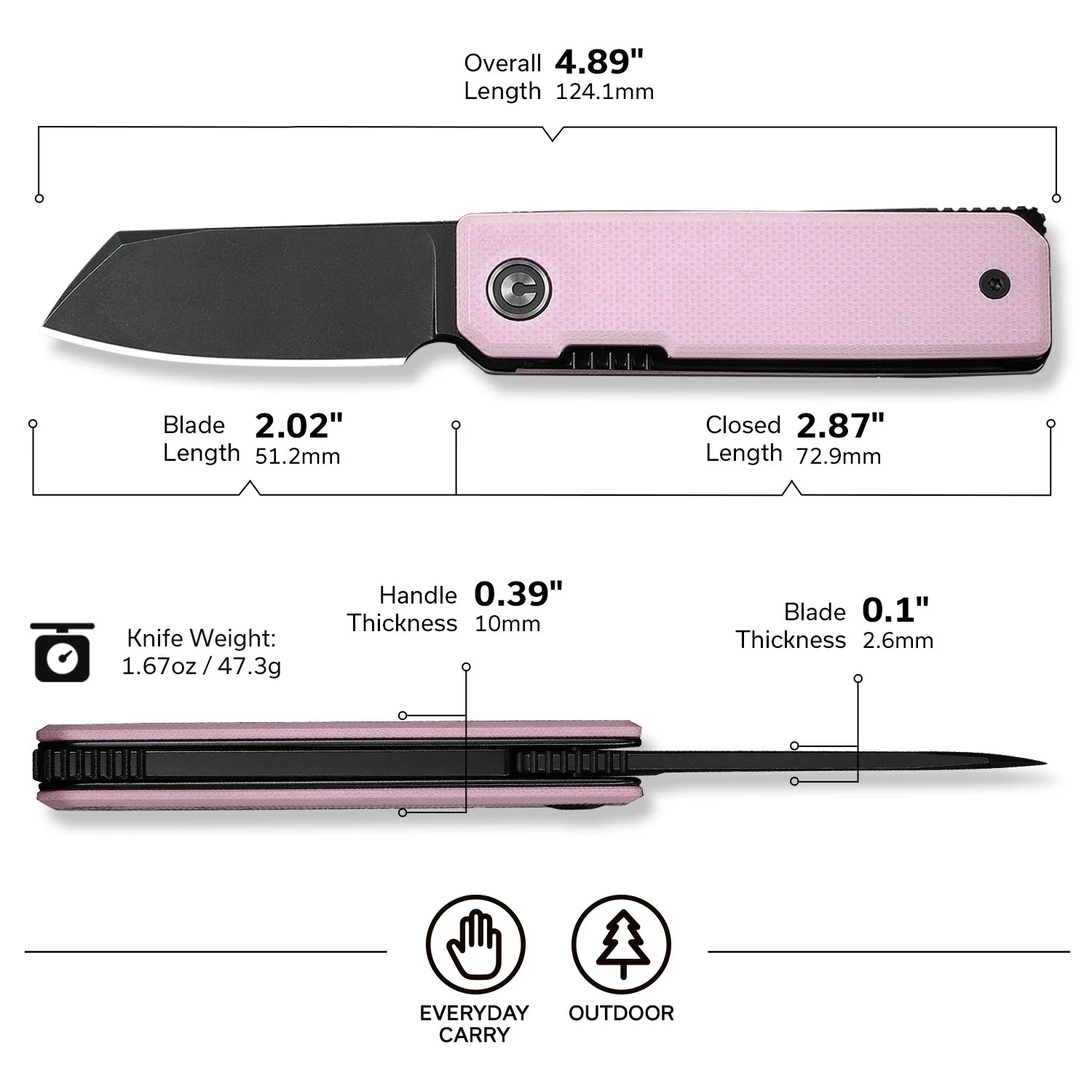 CIVIVI Kukei Front Flipper Knife Powder Pink G10 Handle (2.02" Black Stonewashed Nitro-V Blade) C25036-1, With 1PC Black Leather Sheath - Image 7