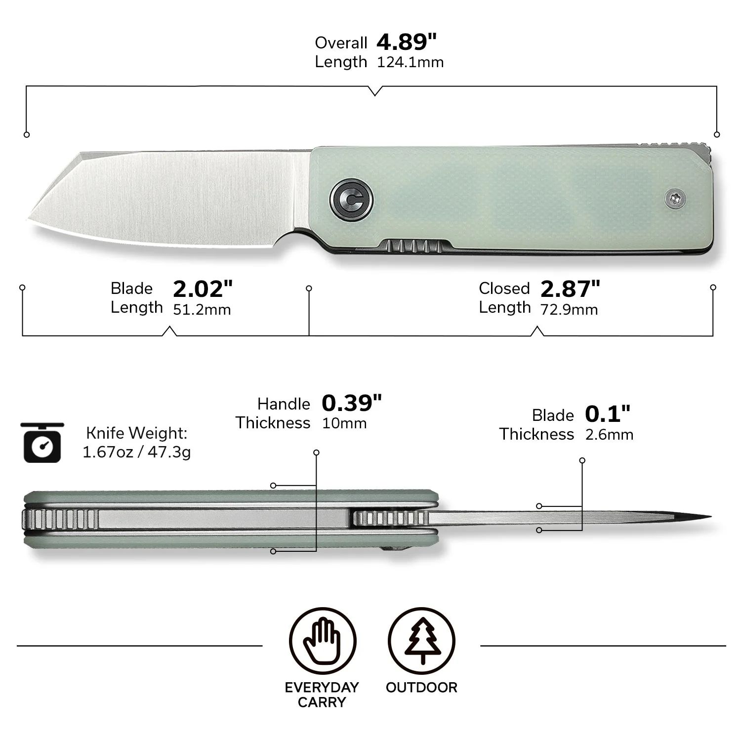 CIVIVI Kukei Front Flipper Knife Natural G10 Handle (2.02" Satin Finished Nitro-V Blade) C25036-2, With 1PC Black Leather Sheath - Image 7