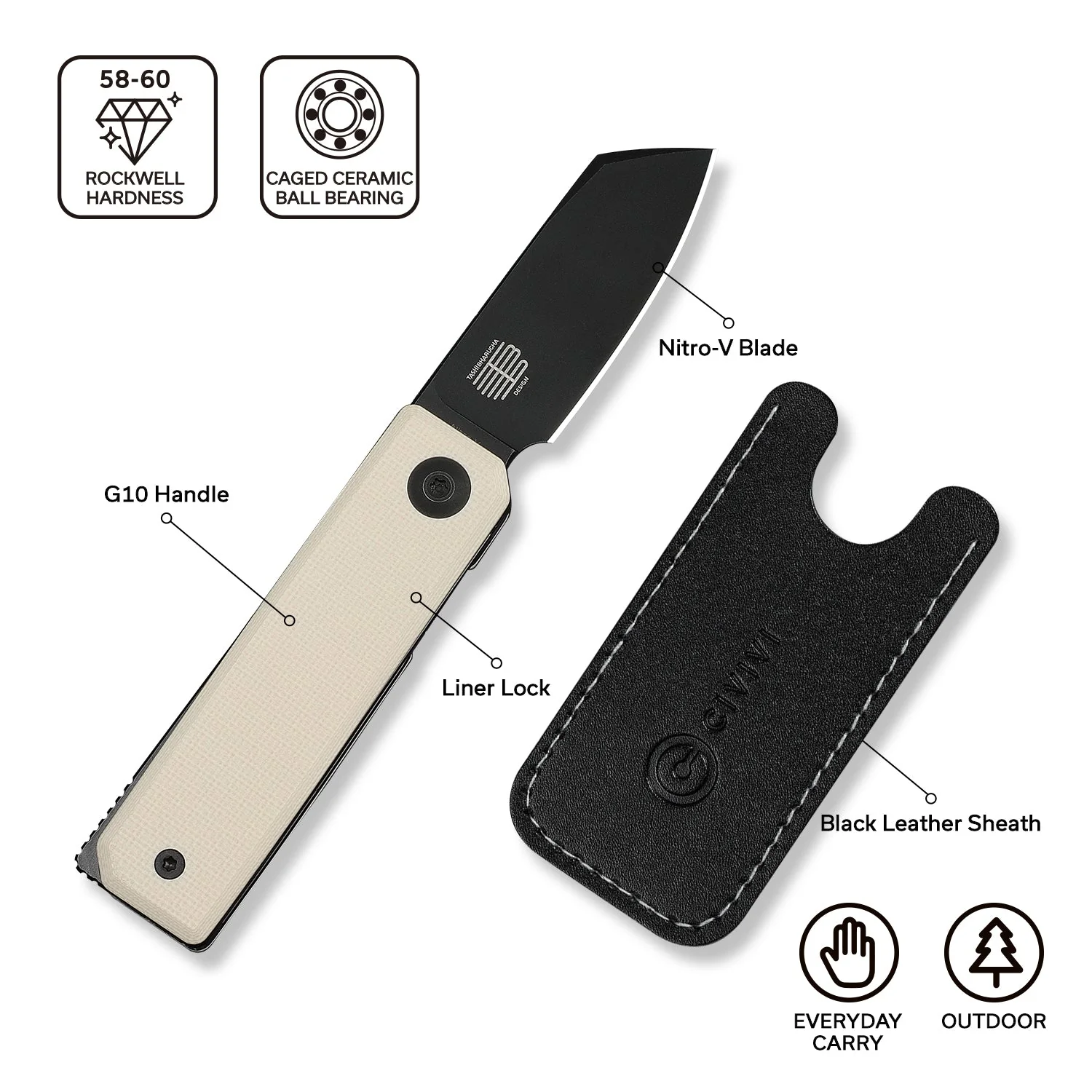 CIVIVI Kukei Front Flipper Knife Ivory G10 Handle (2.02" Black Stonewashed Nitro-V Blade) C25036-3, With 1PC Black Leather Sheath - Image 6