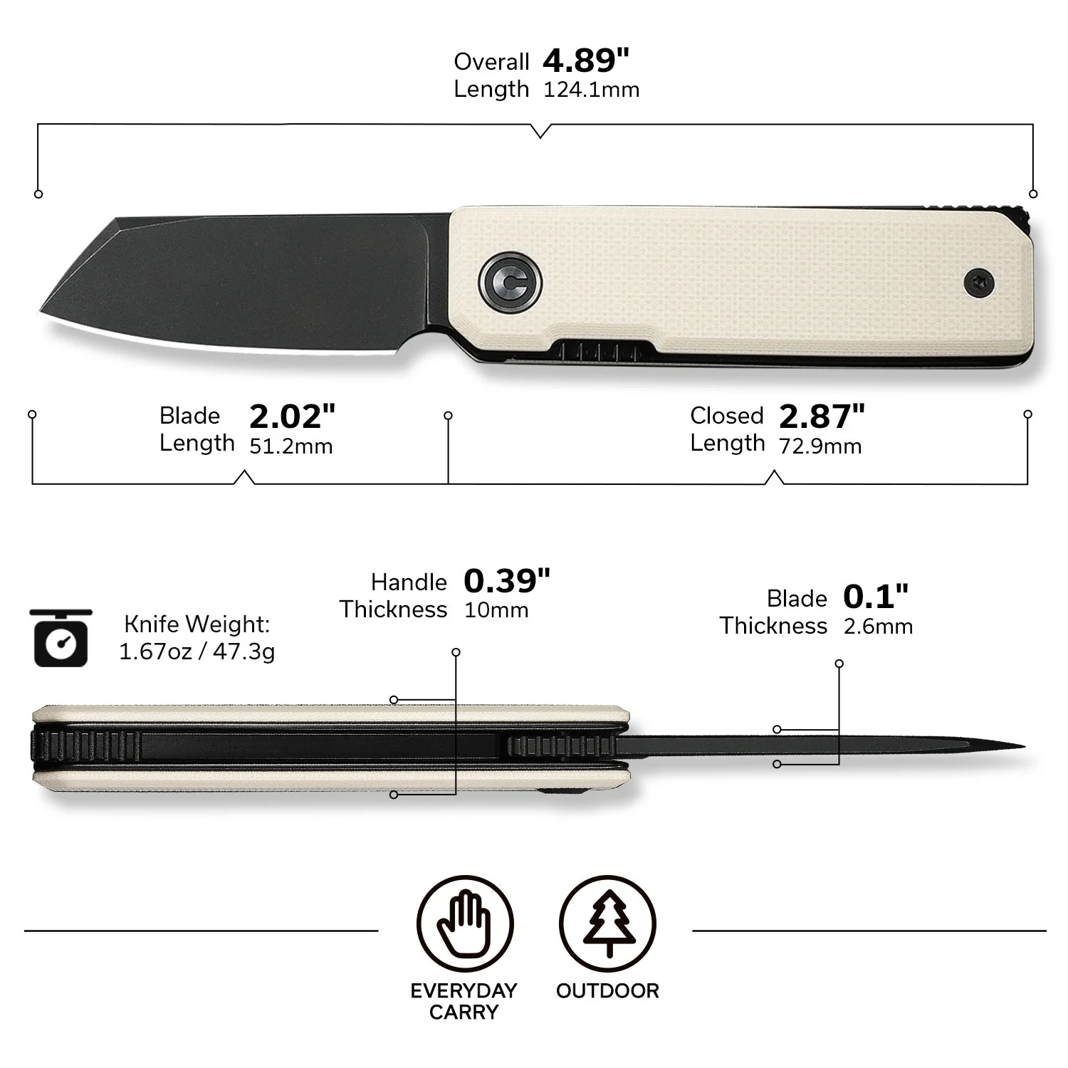 CIVIVI Kukei Front Flipper Knife Ivory G10 Handle (2.02" Black Stonewashed Nitro-V Blade) C25036-3, With 1PC Black Leather Sheath - Image 7