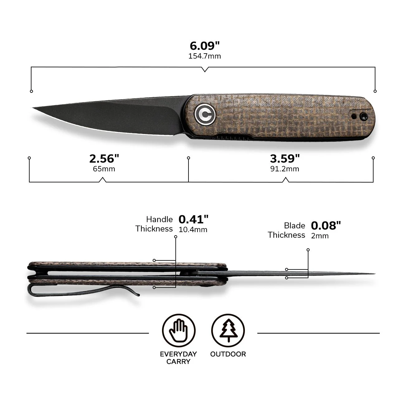 CIVIVI Lumi Top Flipper Pocket Knife Micarta Handle (2.56" 14C28N Blade) C20024-5 - Image 2