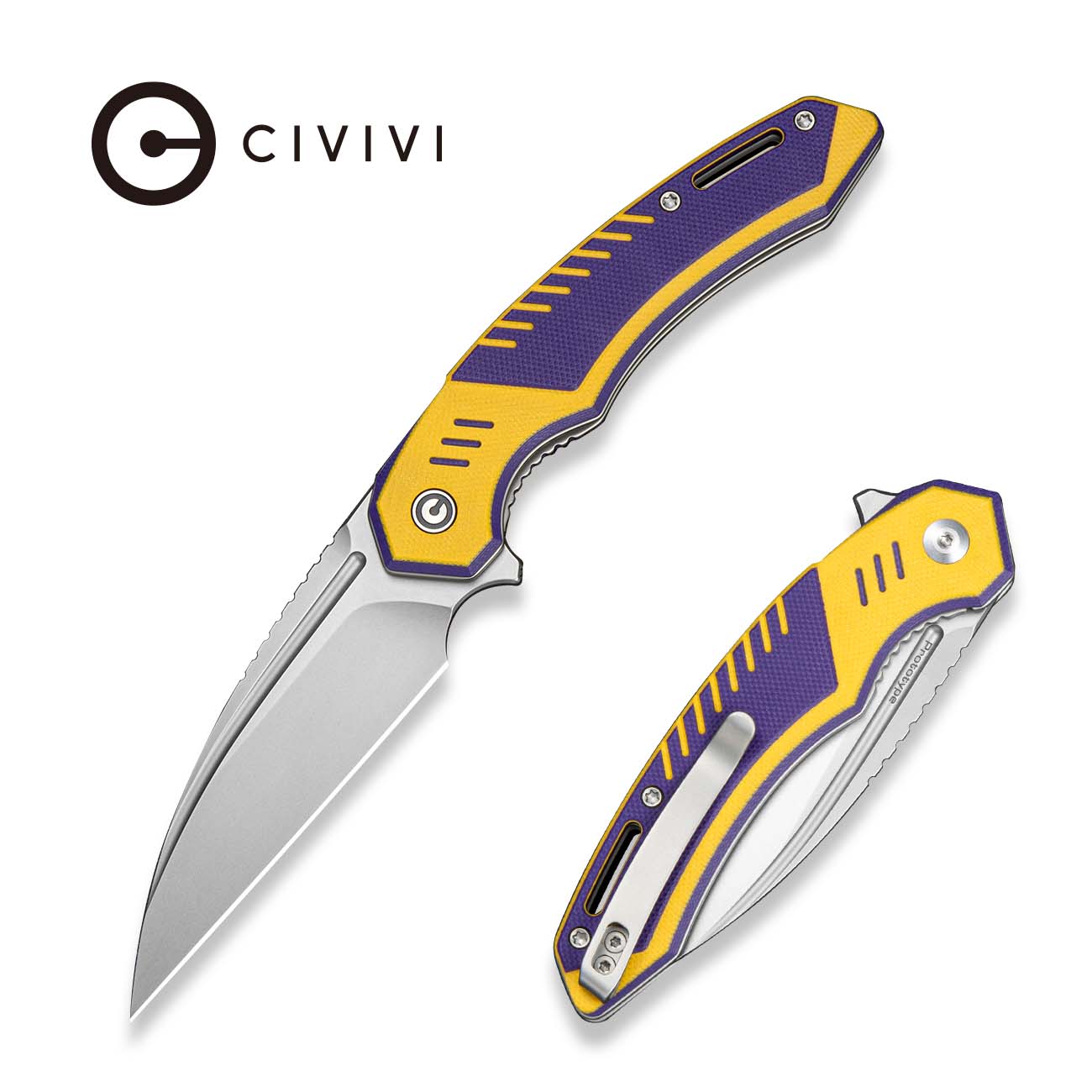 CIVIVI Lunaris Flipper Knife Purple &  Yellow G10 Handle (3.43" Stonewashed Nitro-V Blade) C25057 Sample2
