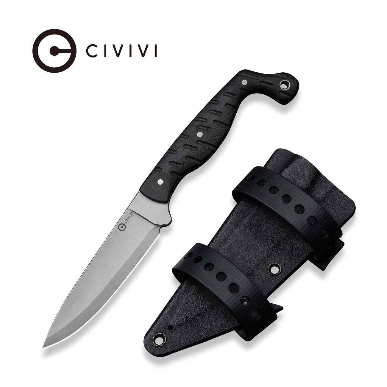 CIVIVI MDRN Hunter Fixed Blade Knife Black G10 Handle (4.12" Stonewashed Nitro-V Blade) C23078-1, With 1PC Black Kydex Sheath & 2PCS Black Straps